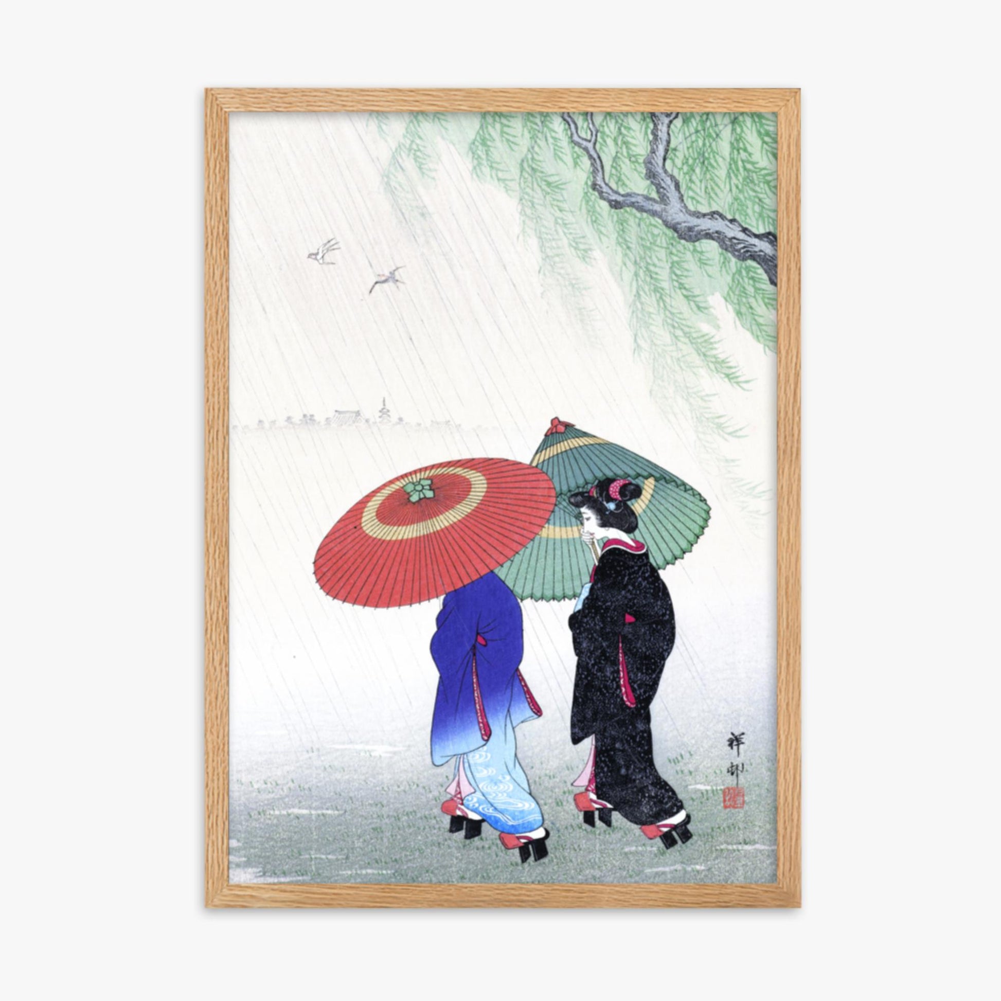 Ohara Koson - Two Women in the Rain 50x70 cm Poster With Oak Frame