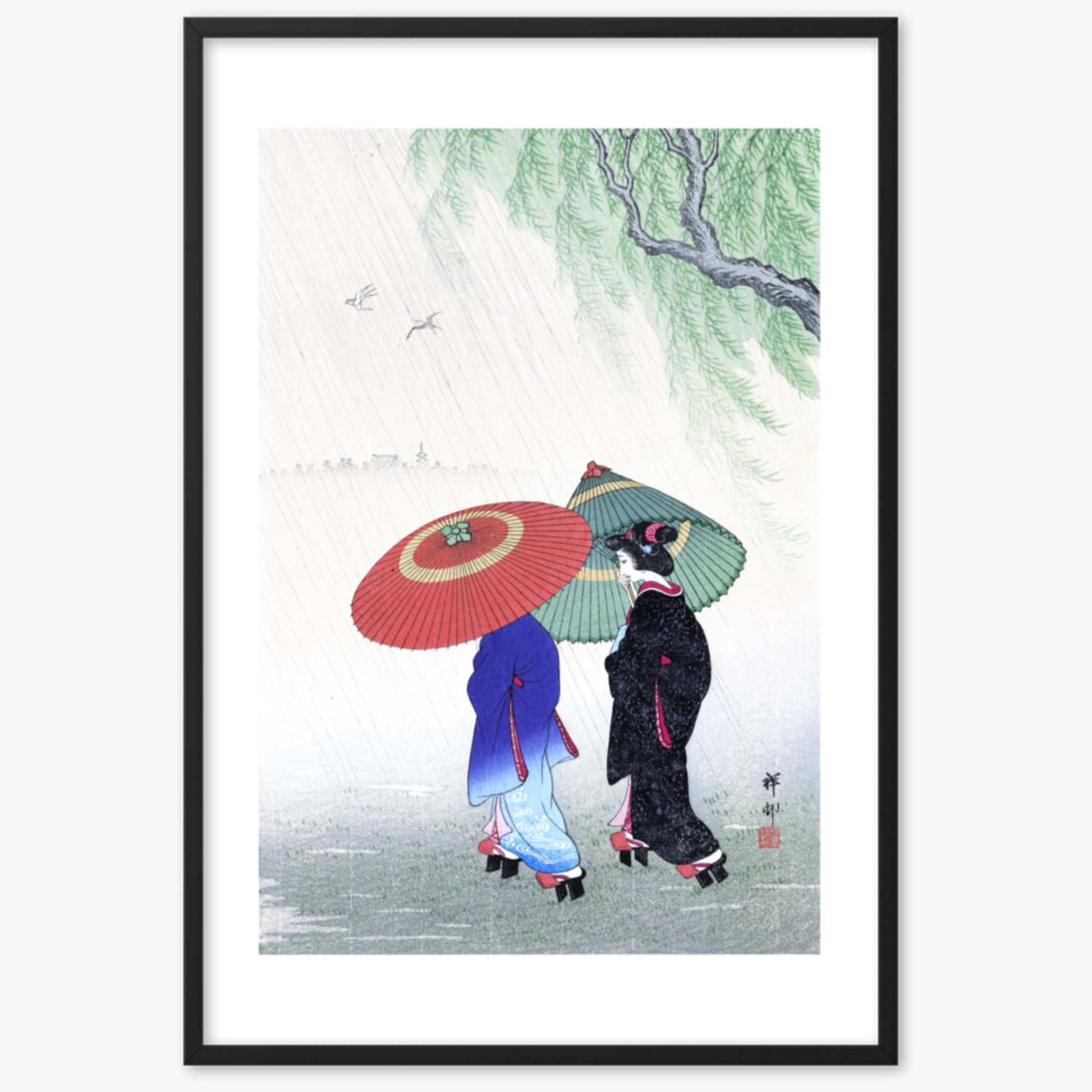 Ohara Koson - Two Women in the Rain 61x91 cm Poster With Black Frame