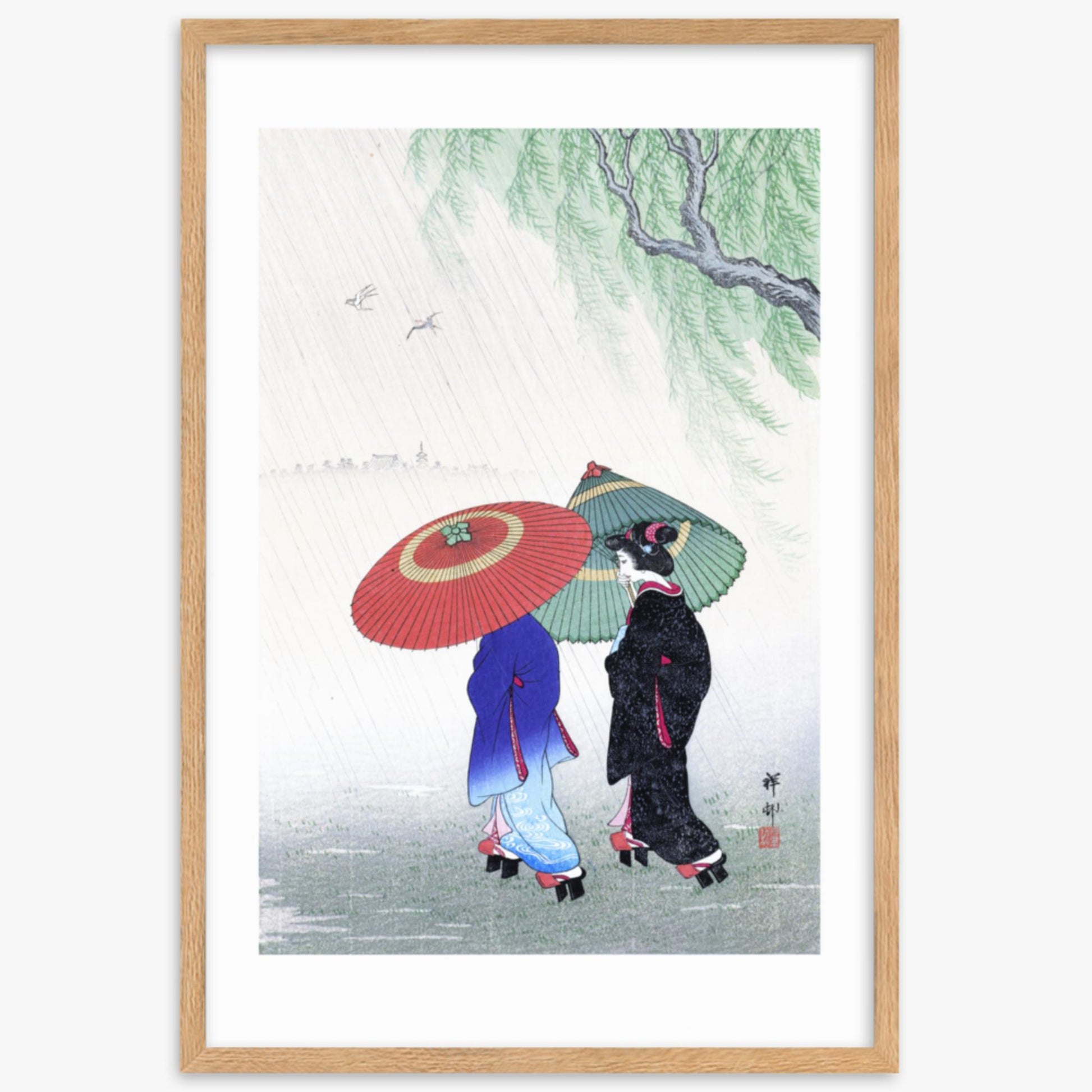 Ohara Koson - Two Women in the Rain 61x91 cm Poster With Oak Frame