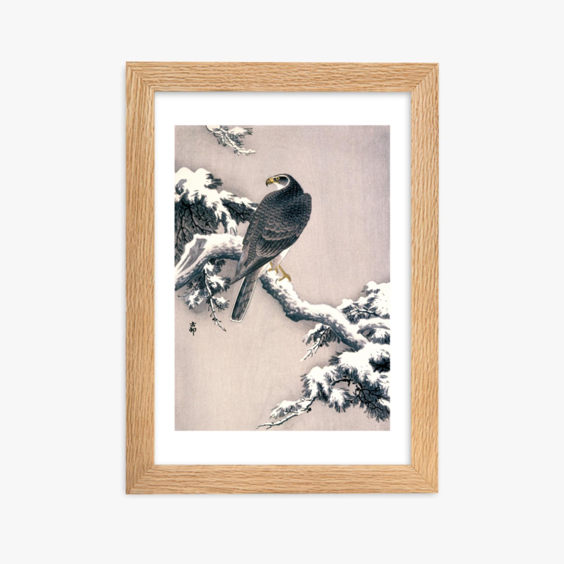 Ohara Koson - Goshawk on Snow-covered Pine Bough  21x30 cm Poster With Oak Frame