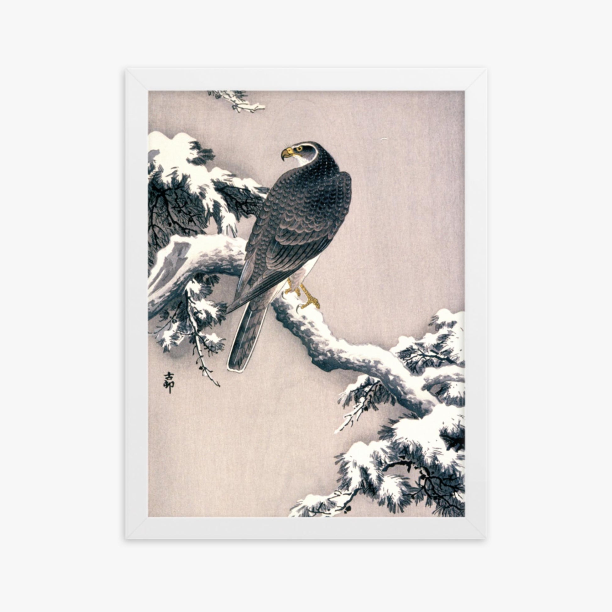 Ohara Koson - Goshawk on Snow-covered Pine Bough  30x40 cm Poster With White Frame