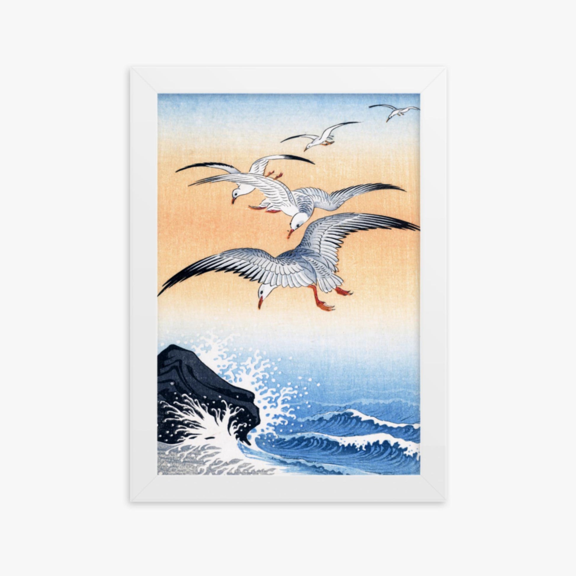 Ohara Koson - Five Seagulls Above Turbulent Sea 21x30 cm Poster With White Frame