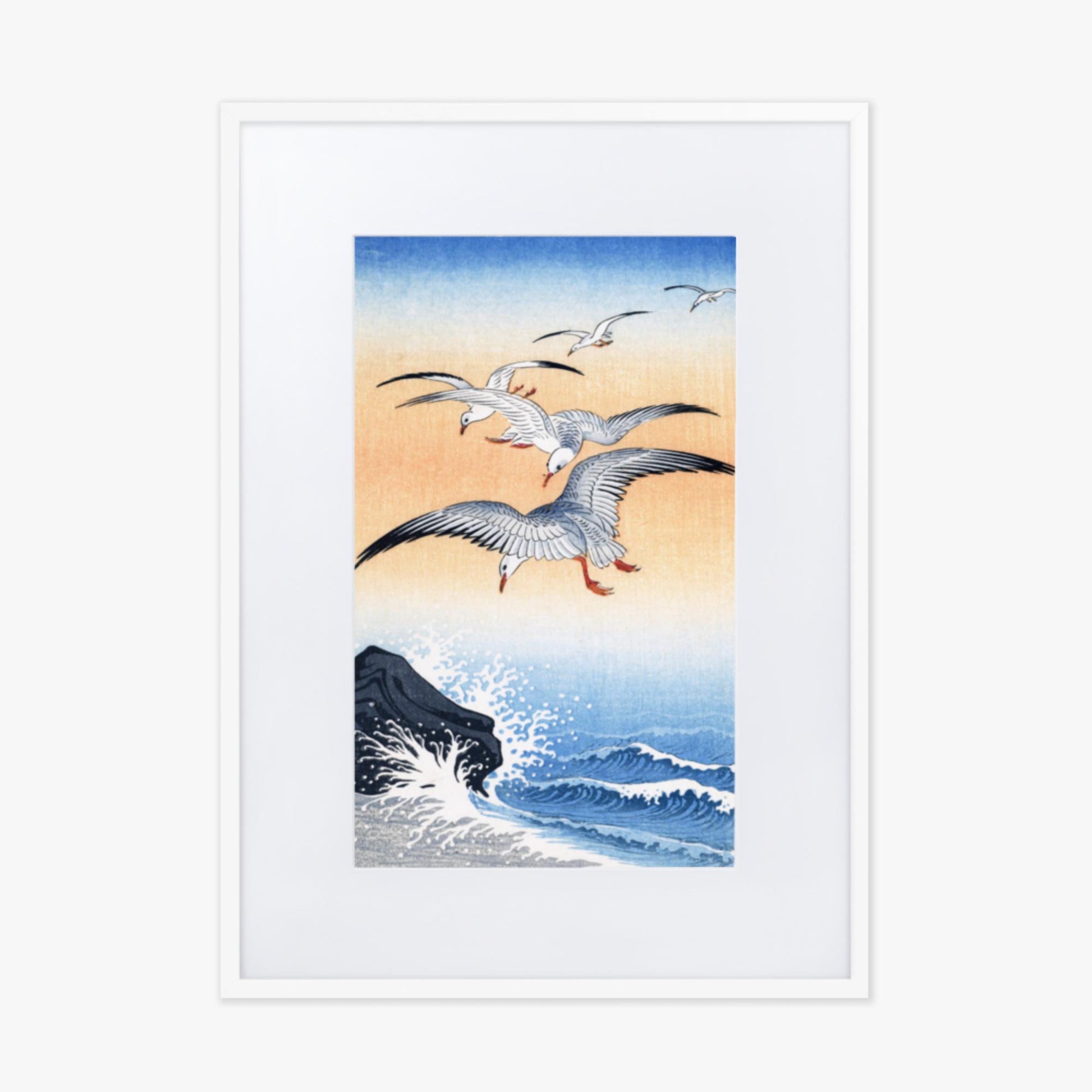 Ohara Koson - Five Seagulls Above Turbulent Sea 50x70 cm Poster With White Frame