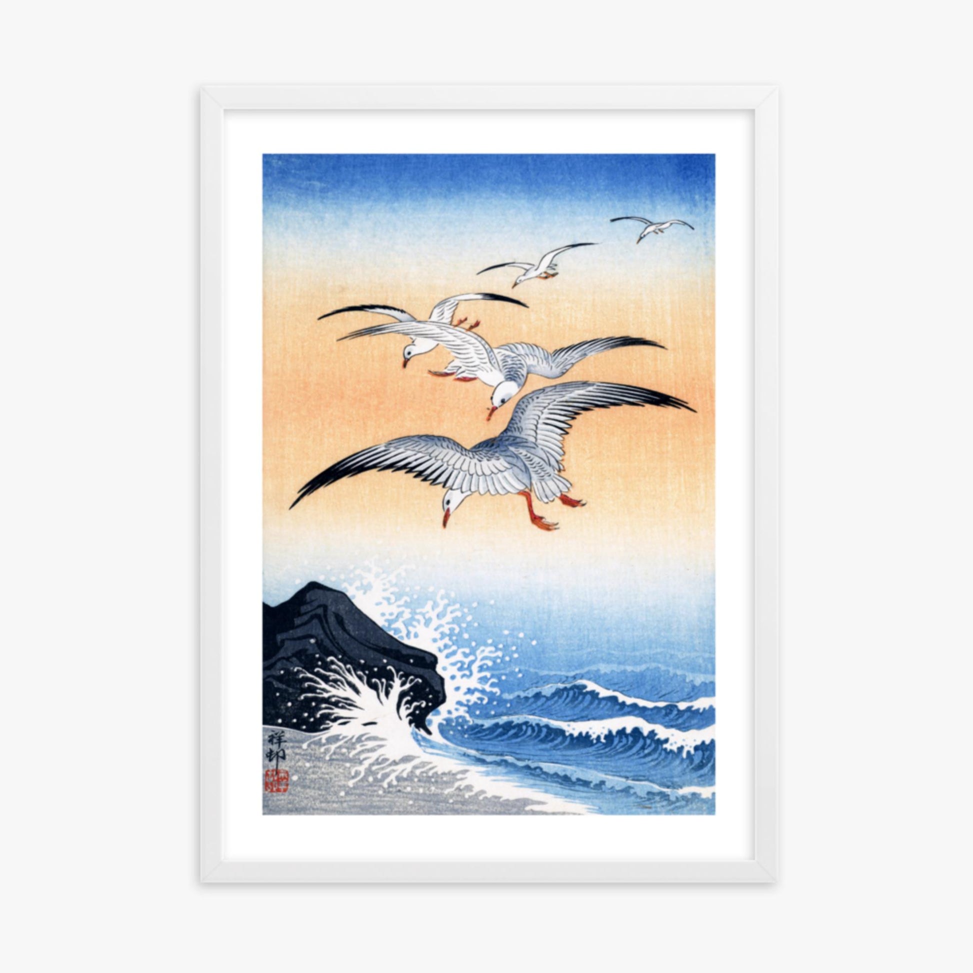 Ohara Koson - Five Seagulls Above Turbulent Sea 50x70 cm Poster With White Frame