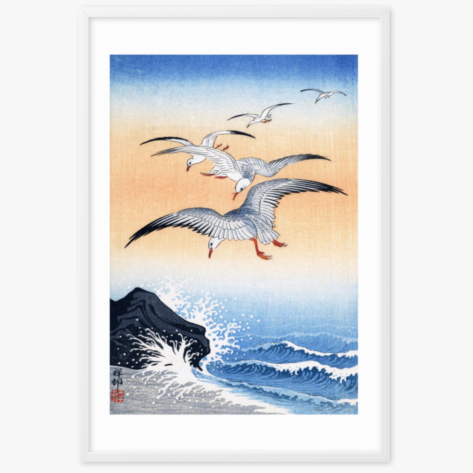 Ohara Koson - Five Seagulls Above Turbulent Sea 61x91 cm Poster With White Frame