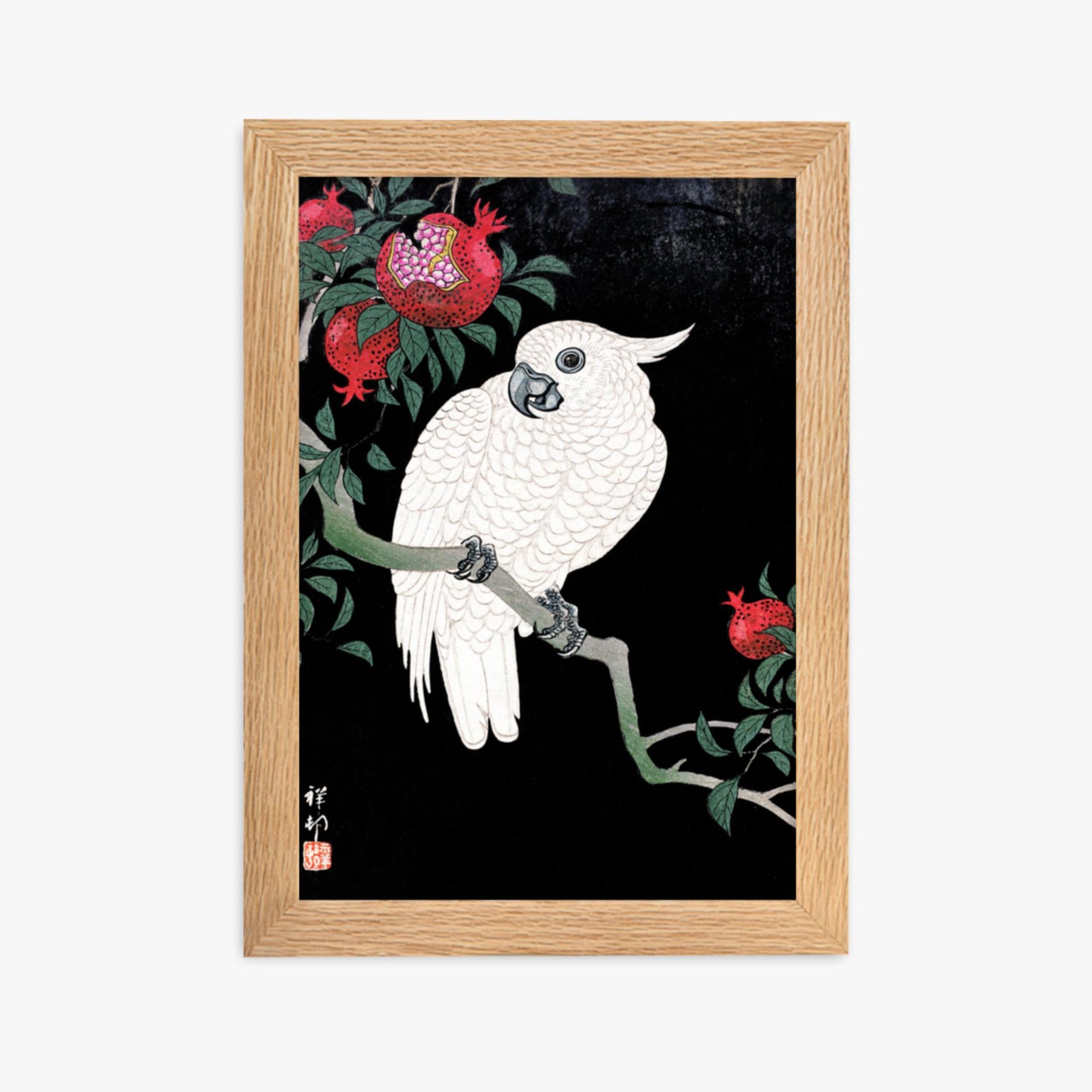 Ohara Koson - Cockatoo and Pomegranate 21x30 cm Poster With Oak Frame