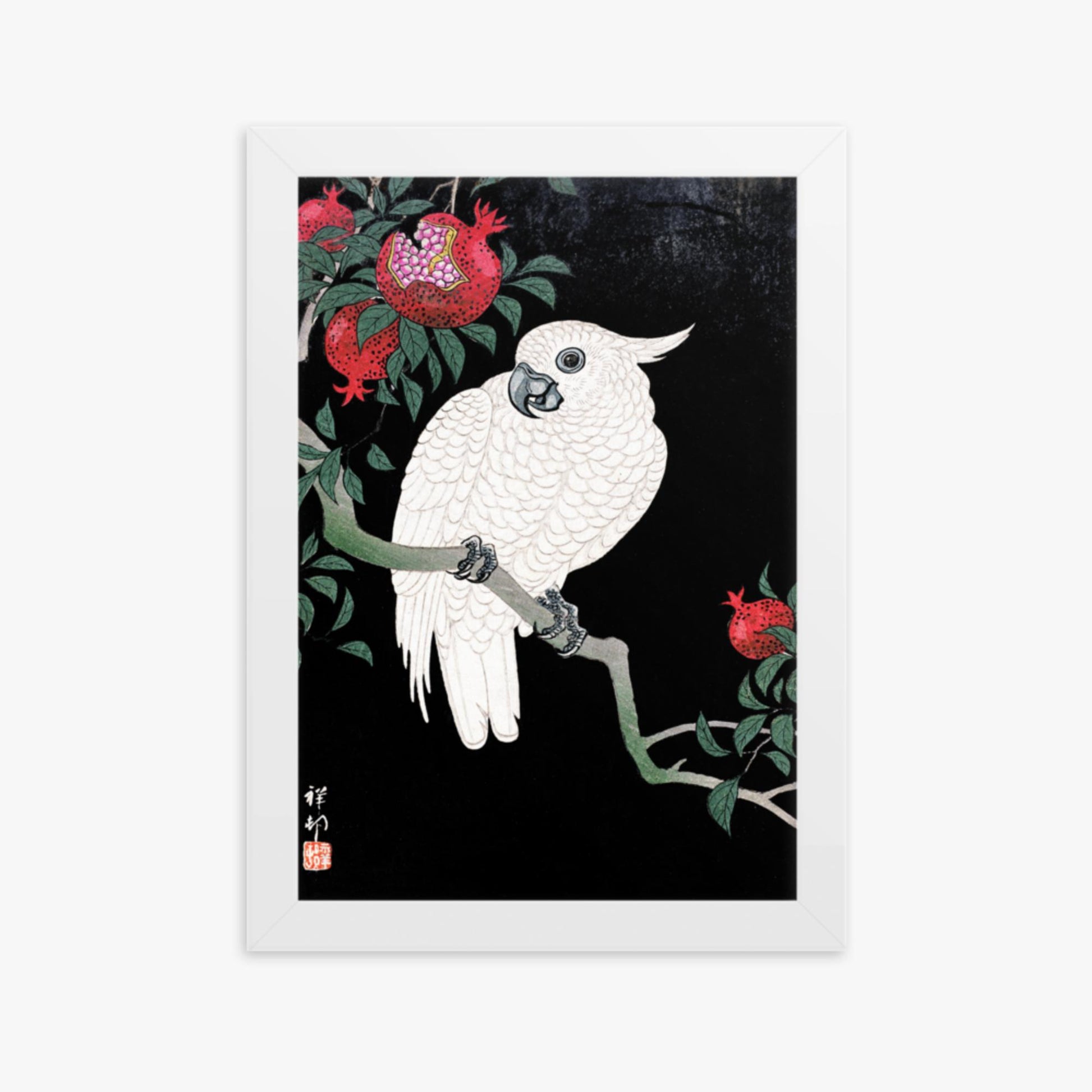 Ohara Koson - Cockatoo and Pomegranate 21x30 cm Poster With White Frame