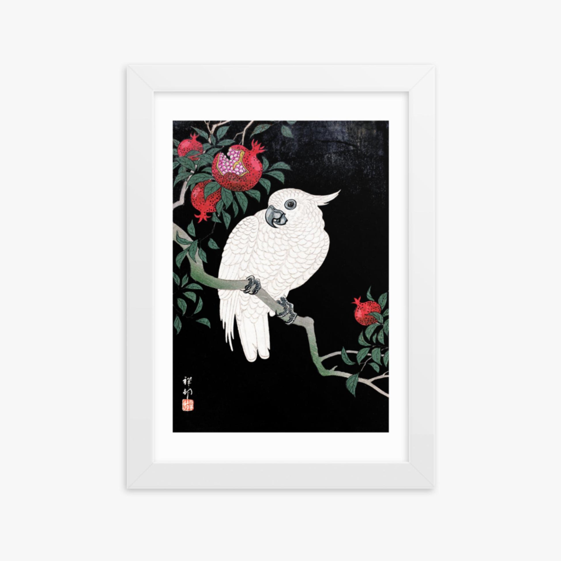 Ohara Koson - Cockatoo and Pomegranate 21x30 cm Poster With White Frame