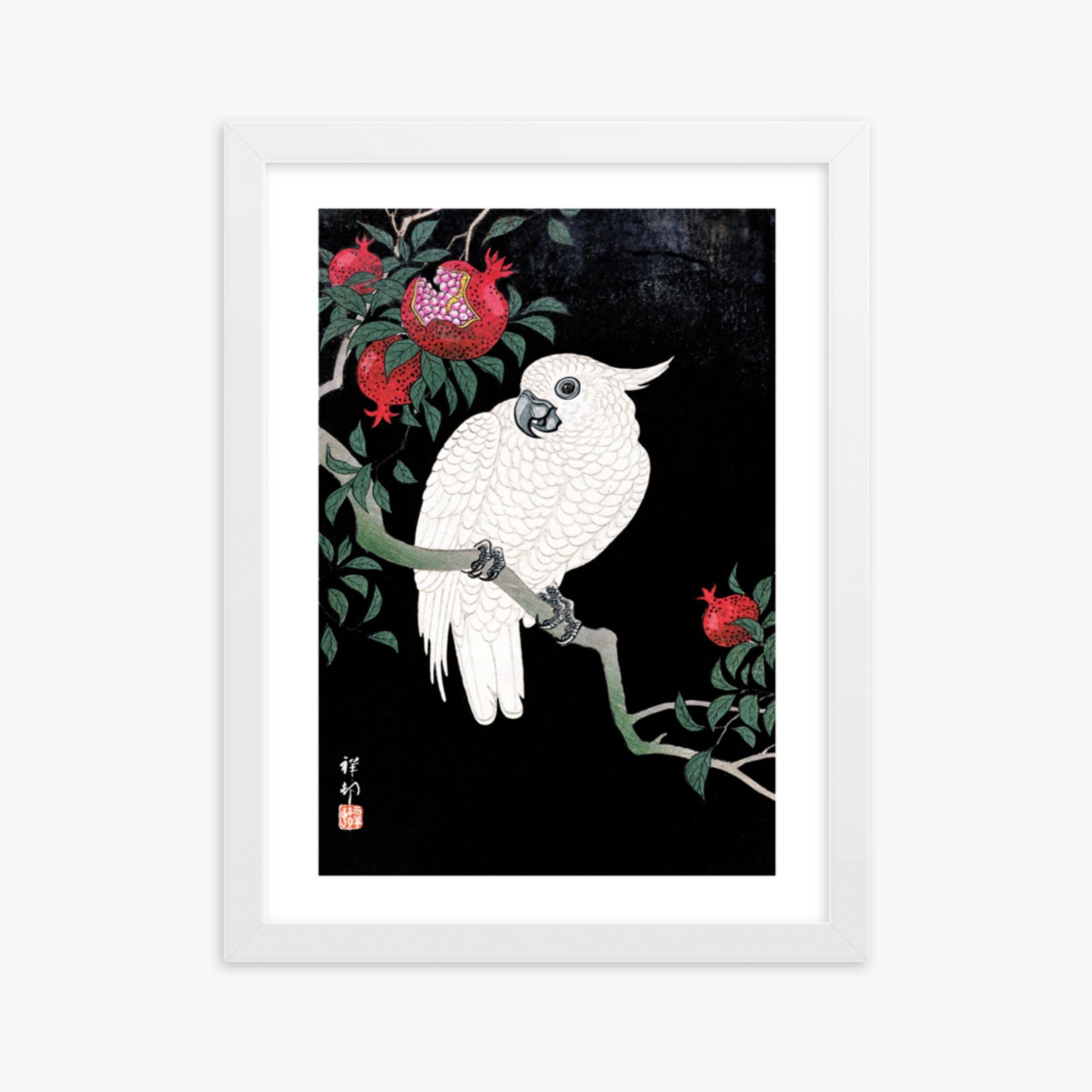 Ohara Koson - Cockatoo and Pomegranate 30x40 cm Poster With White Frame