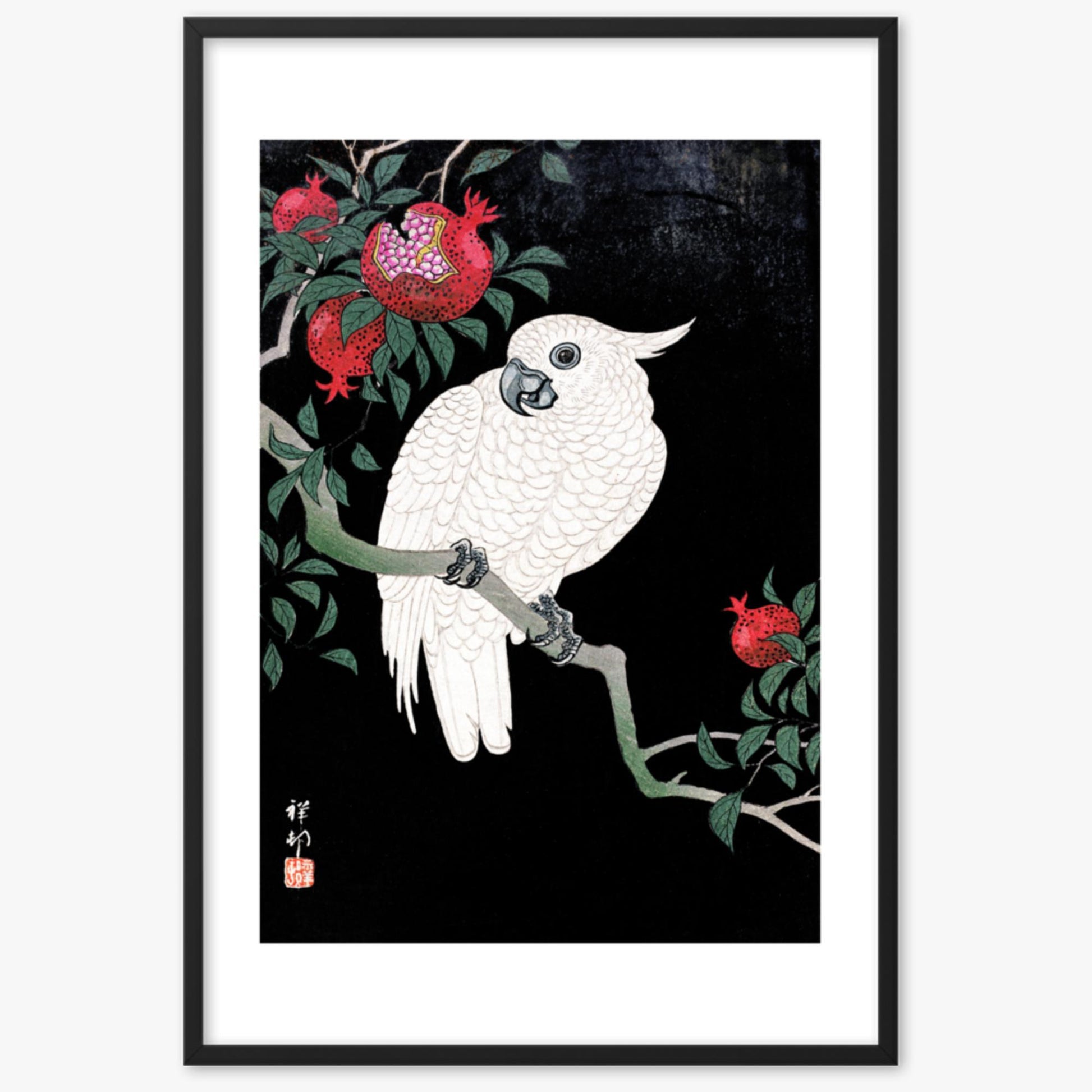 Ohara Koson - Cockatoo and Pomegranate 61x91 cm Poster With Black Frame