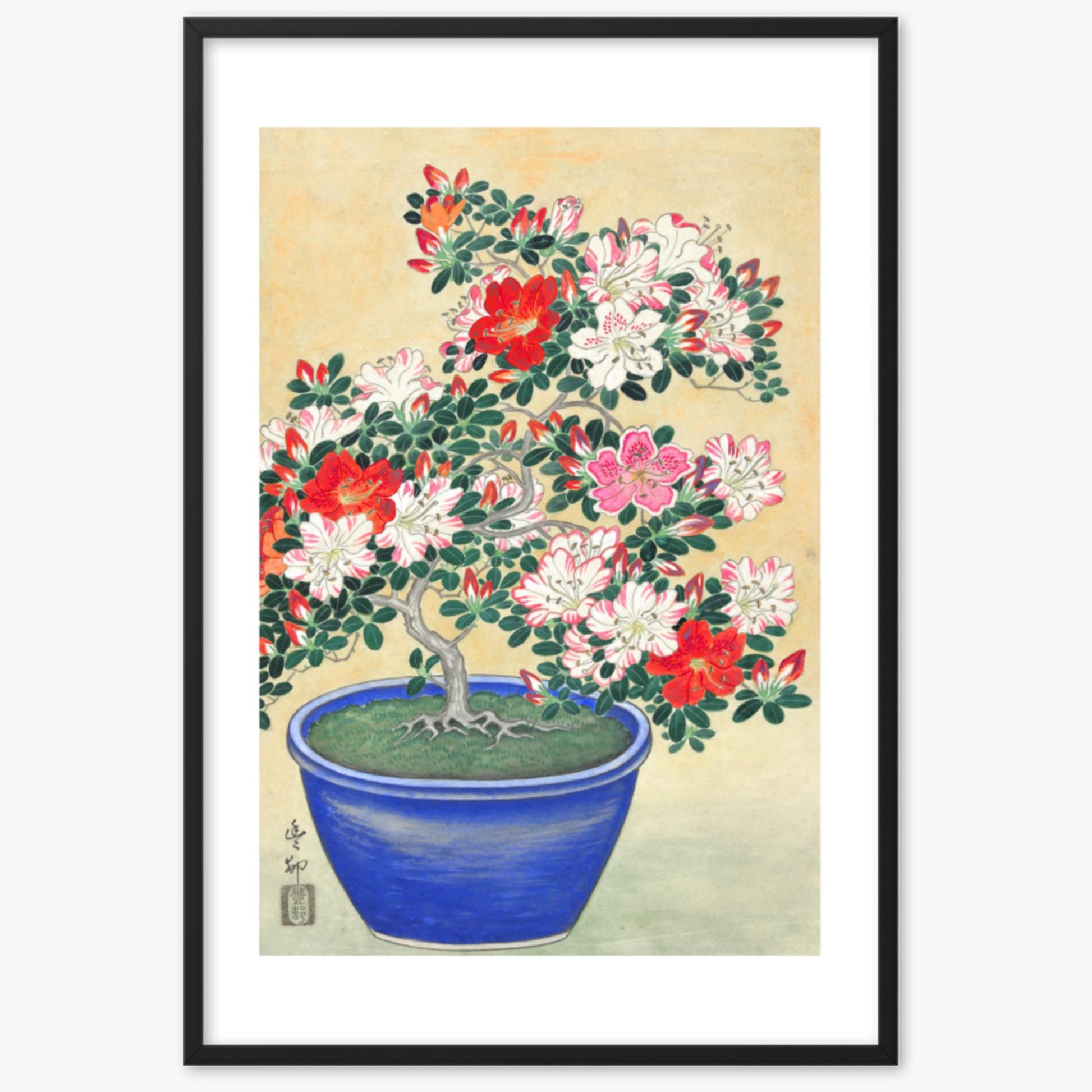 Ohara Koson - Blooming Azalea in Blue Pot 61x91 cm Poster With Black Frame