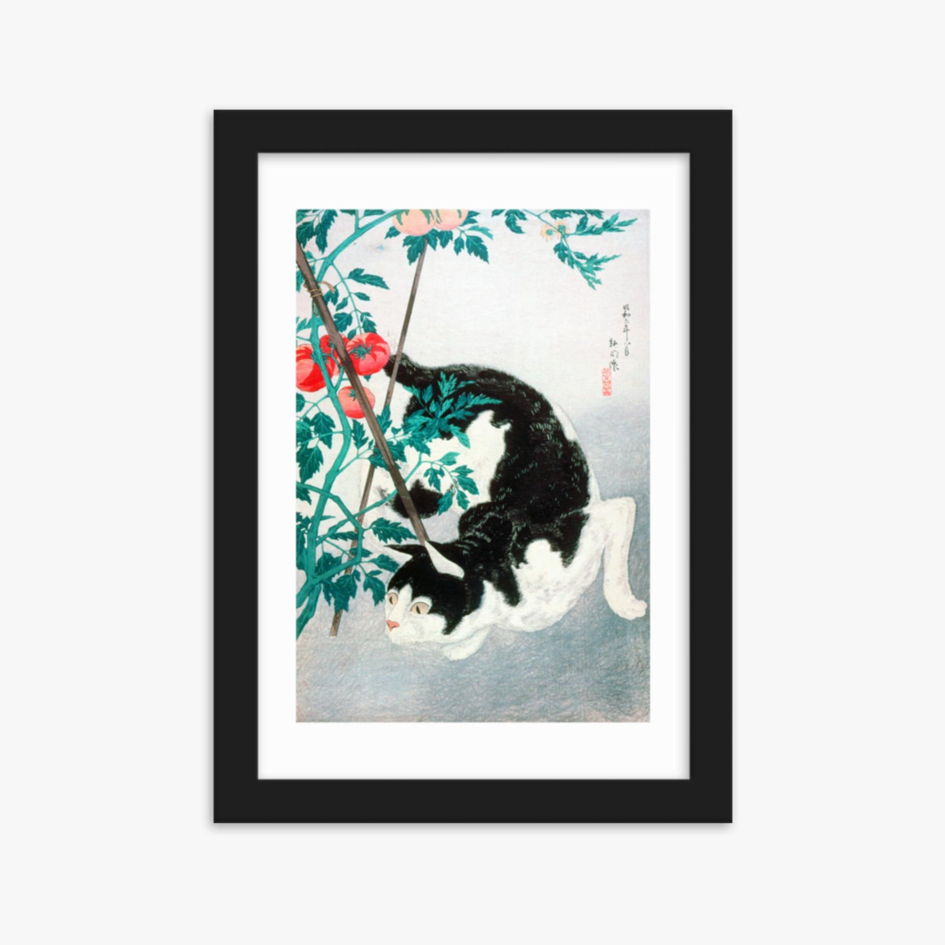 Takahashi Hiroaki (Shōtei) - Cat with Tomato Plant 21x30 cm Poster With Black Frame