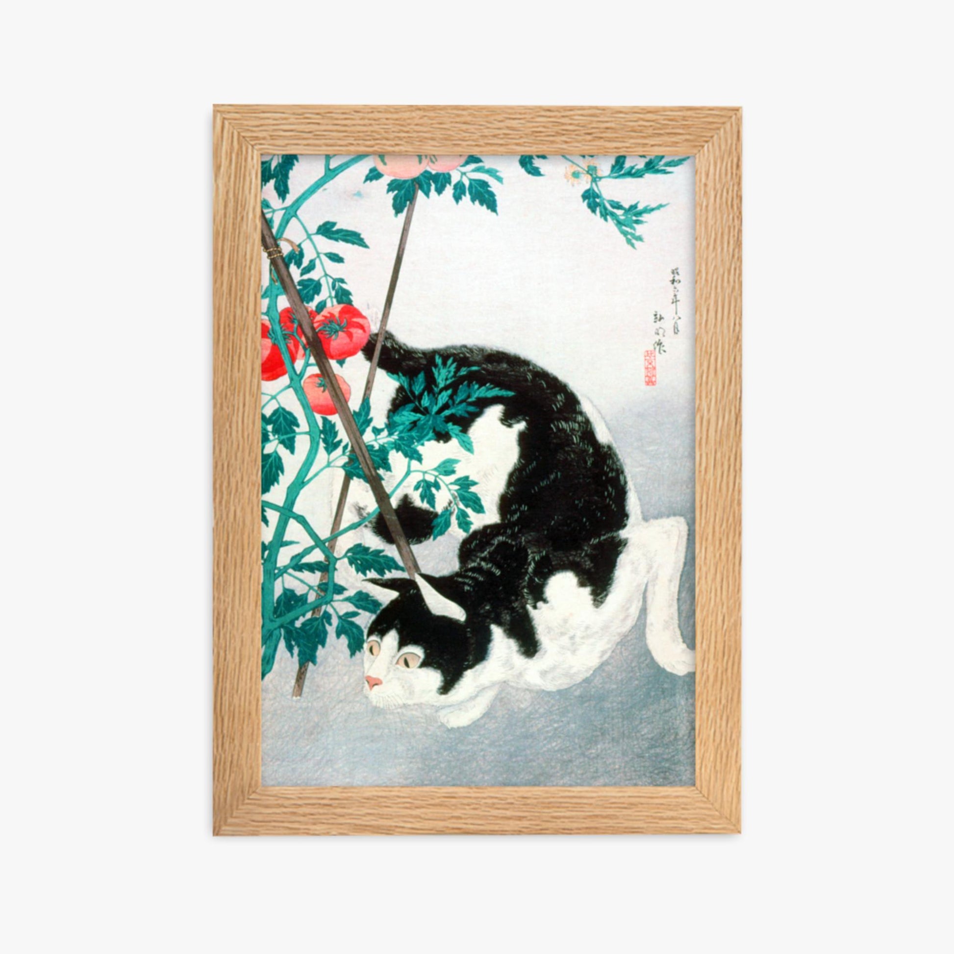 Takahashi Hiroaki (Shōtei) - Cat with Tomato Plant 21x30 cm Poster With Oak Frame