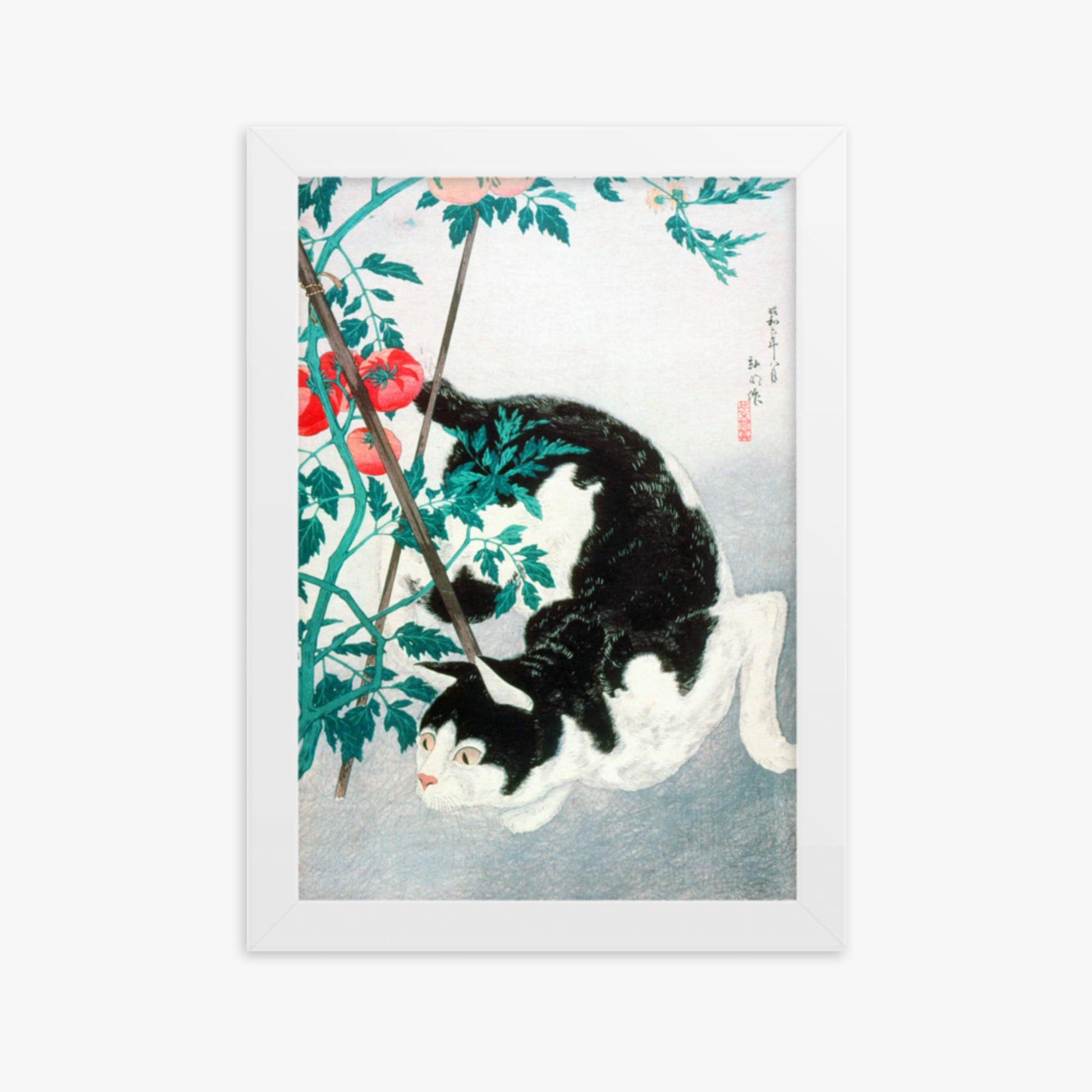 Takahashi Hiroaki (Shōtei) - Cat with Tomato Plant 21x30 cm Poster With White Frame