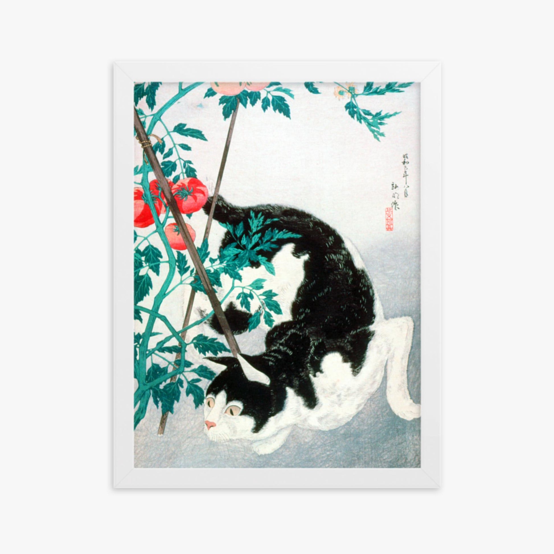 Takahashi Hiroaki (Shōtei) - Cat with Tomato Plant 30x40 cm Poster With White Frame