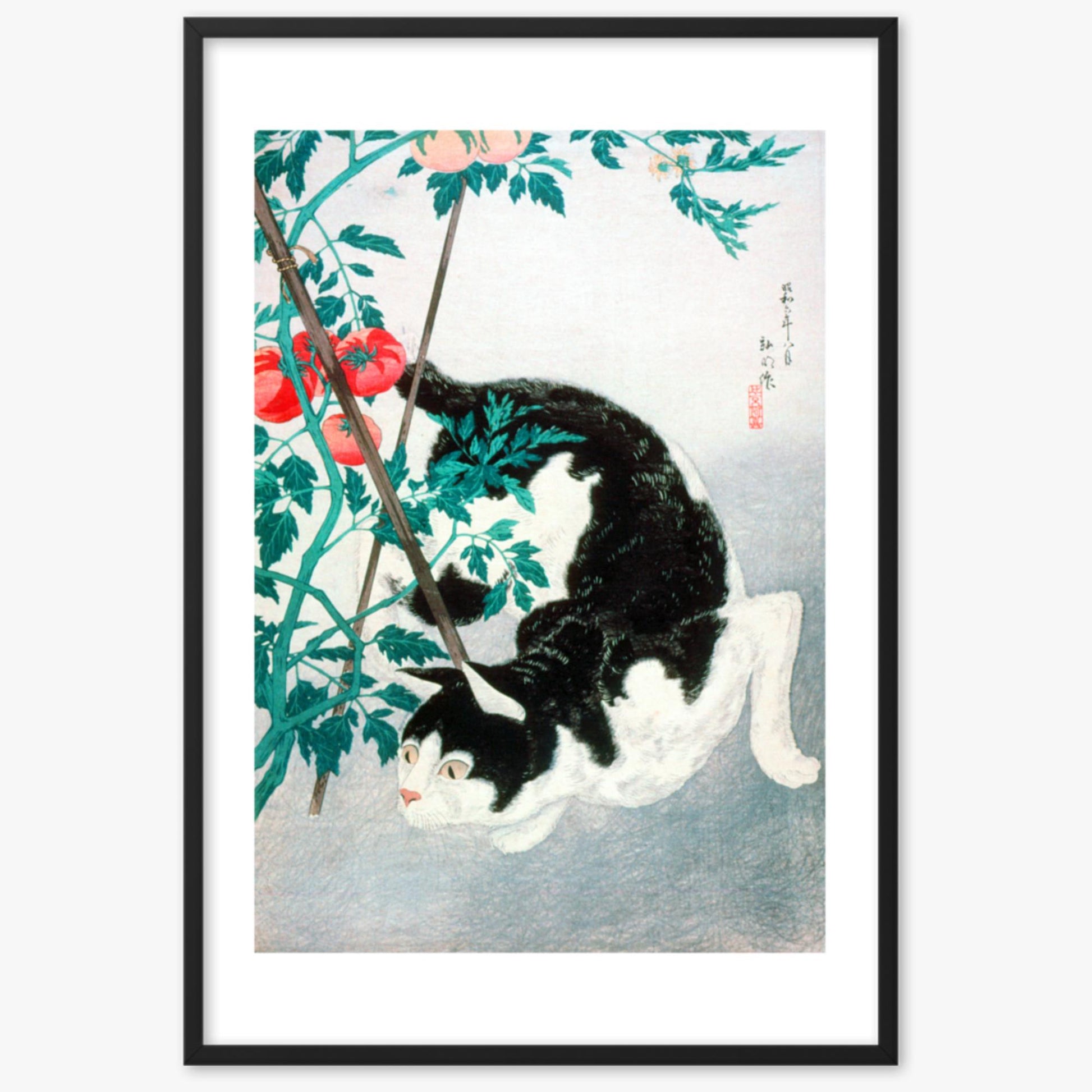 Takahashi Hiroaki (Shōtei) - Cat with Tomato Plant 61x91 cm Poster With Black Frame