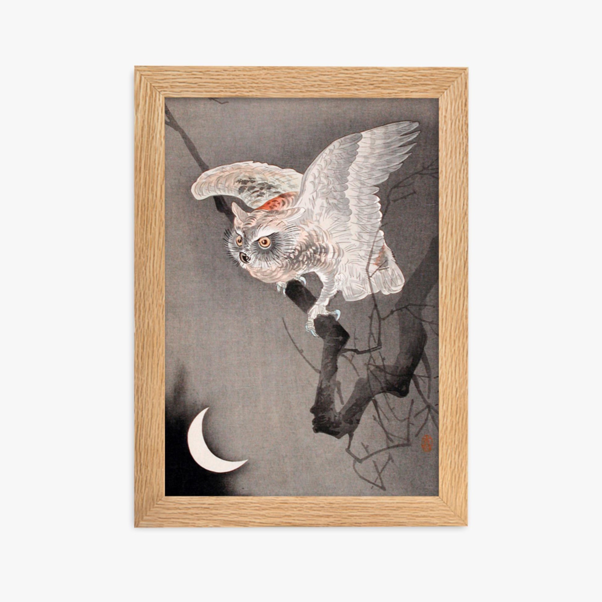 Ohara Koson - Scops Owl in Moonlight  21x30 cm Poster With Oak Frame