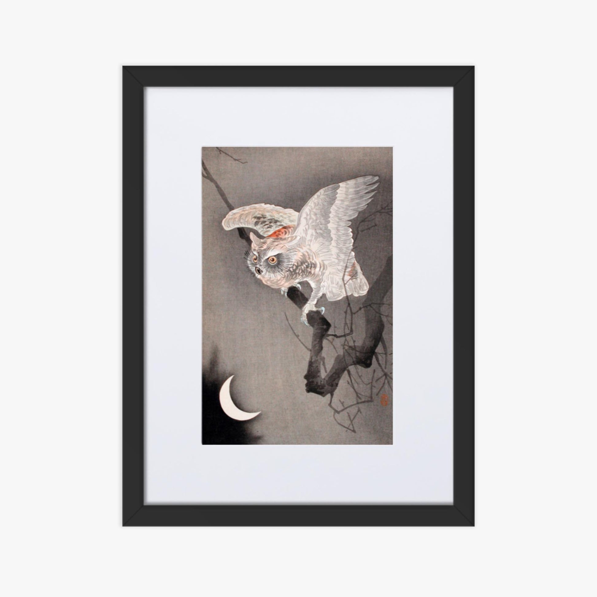 Ohara Koson - Scops Owl in Moonlight  30x40 cm Poster With Black Frame