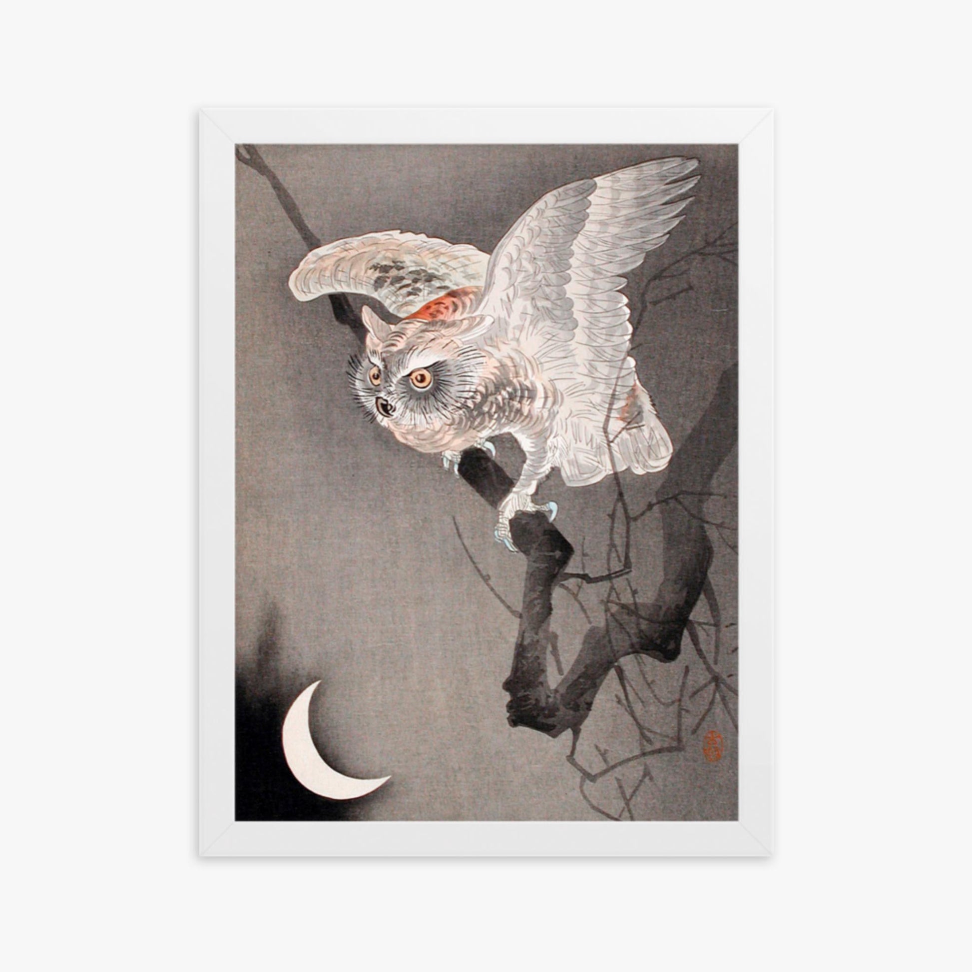 Ohara Koson - Scops Owl in Moonlight  30x40 cm Poster With White Frame