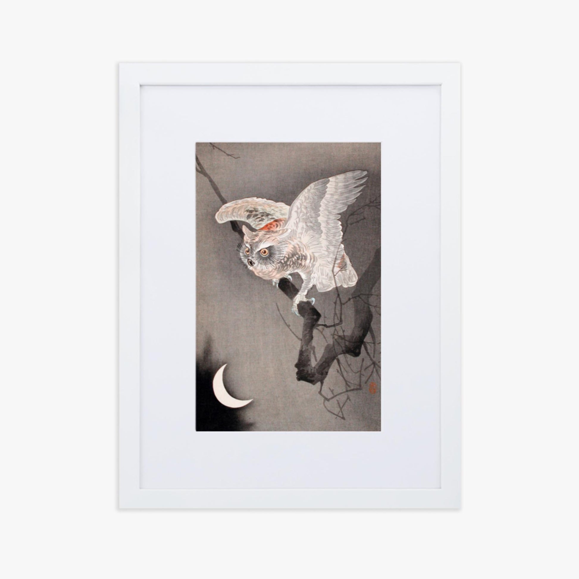 Ohara Koson - Scops Owl in Moonlight  30x40 cm Poster With White Frame