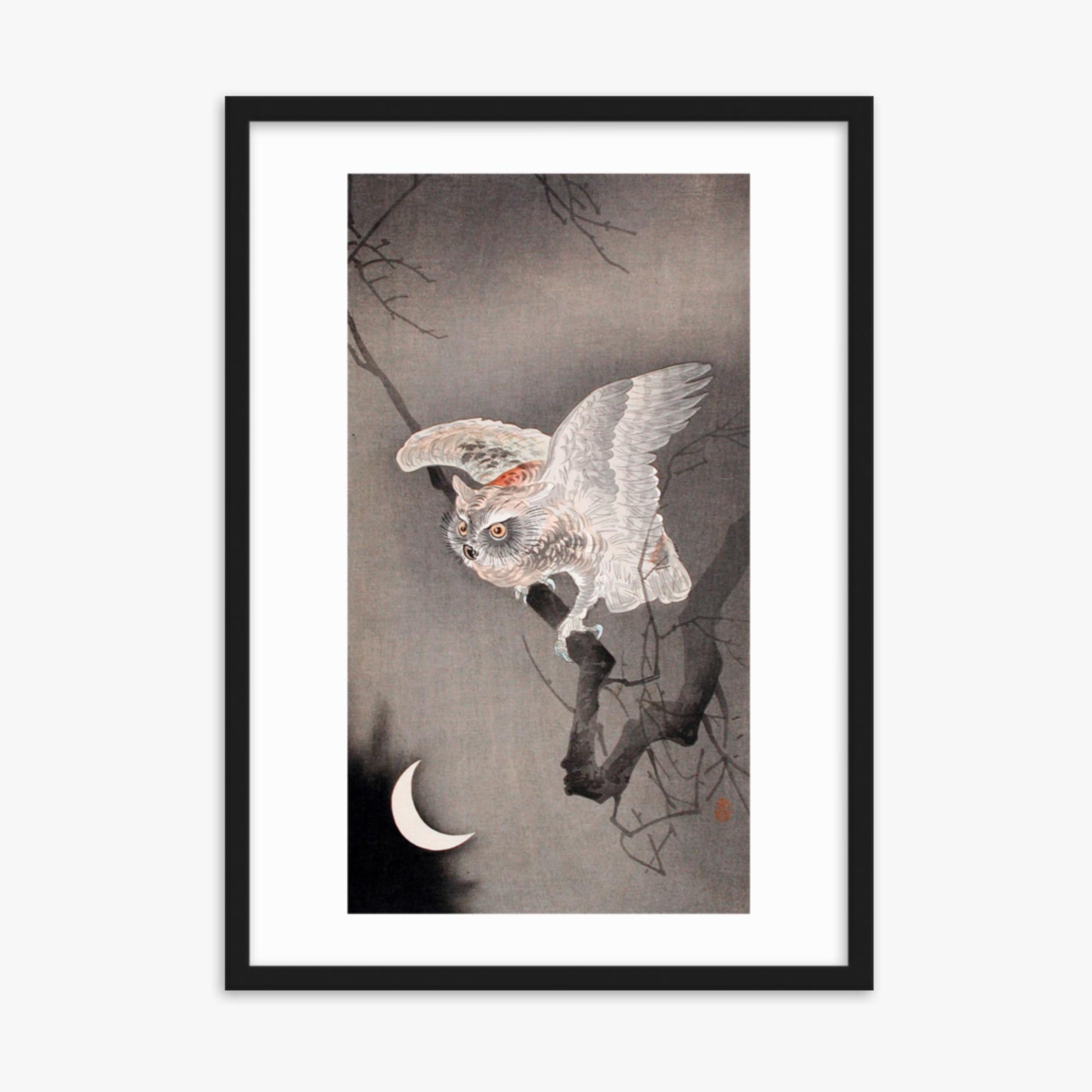 Ohara Koson - Scops Owl in Moonlight  50x70 cm Poster With Black Frame