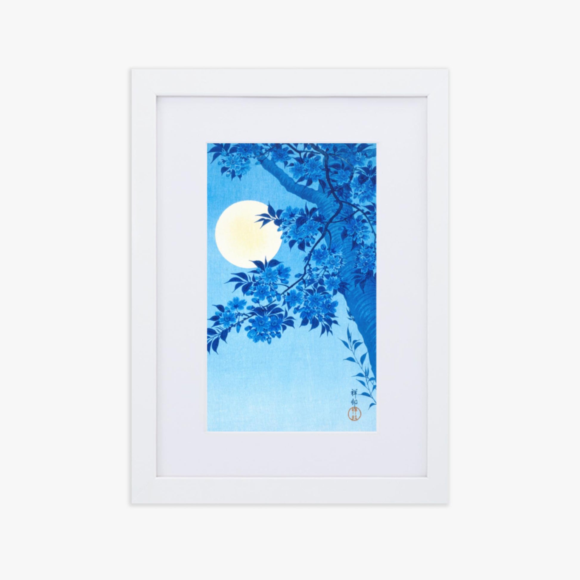 Ohara Koson - Blossoming Cherry on a Moonlit Night 21x30 cm Poster With White Frame