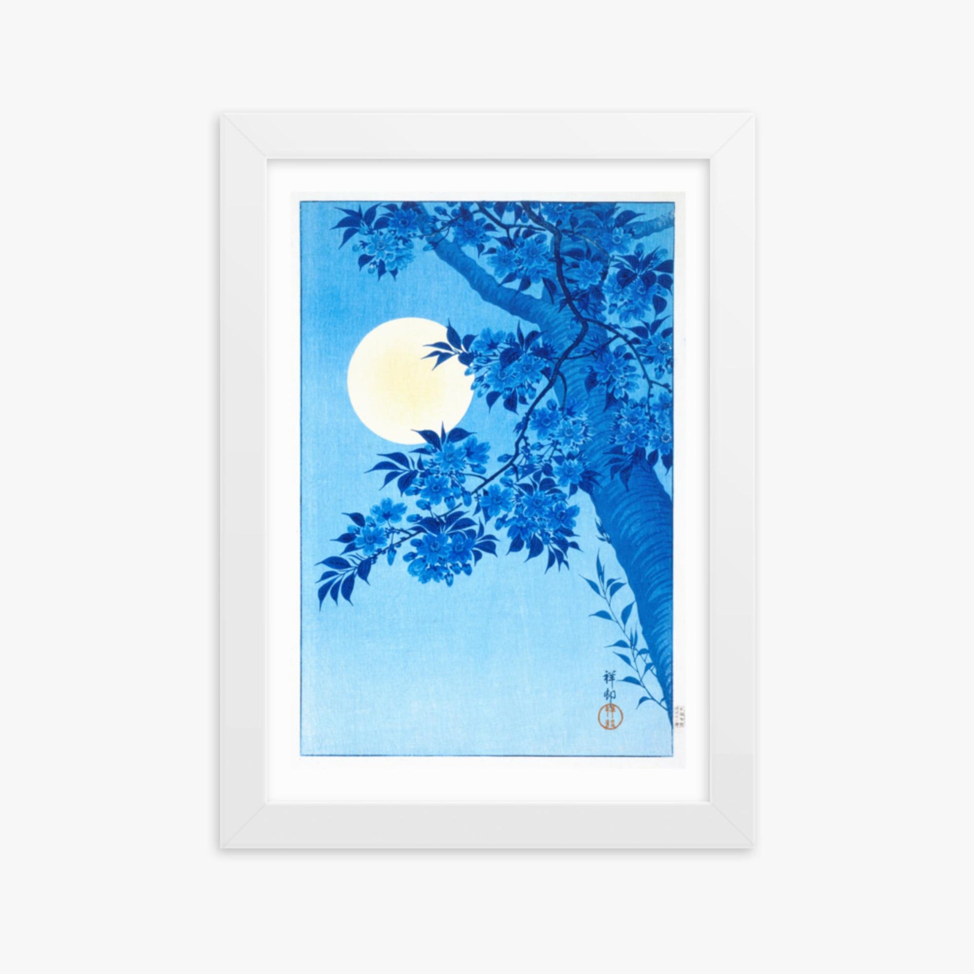 Ohara Koson - Blossoming Cherry on a Moonlit Night 21x30 cm Poster With White Frame