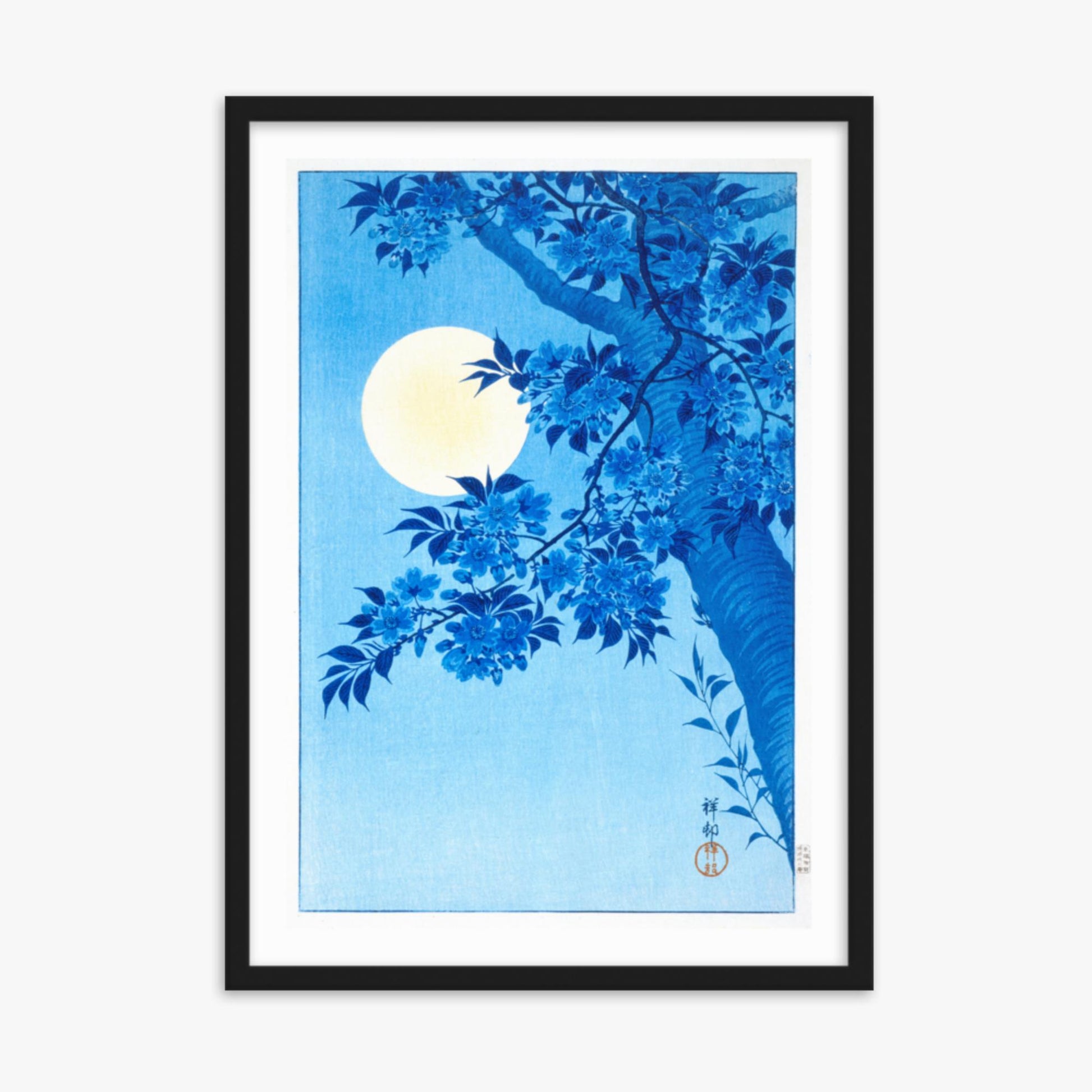 Ohara Koson - Blossoming Cherry on a Moonlit Night 50x70 cm Poster With Black Frame