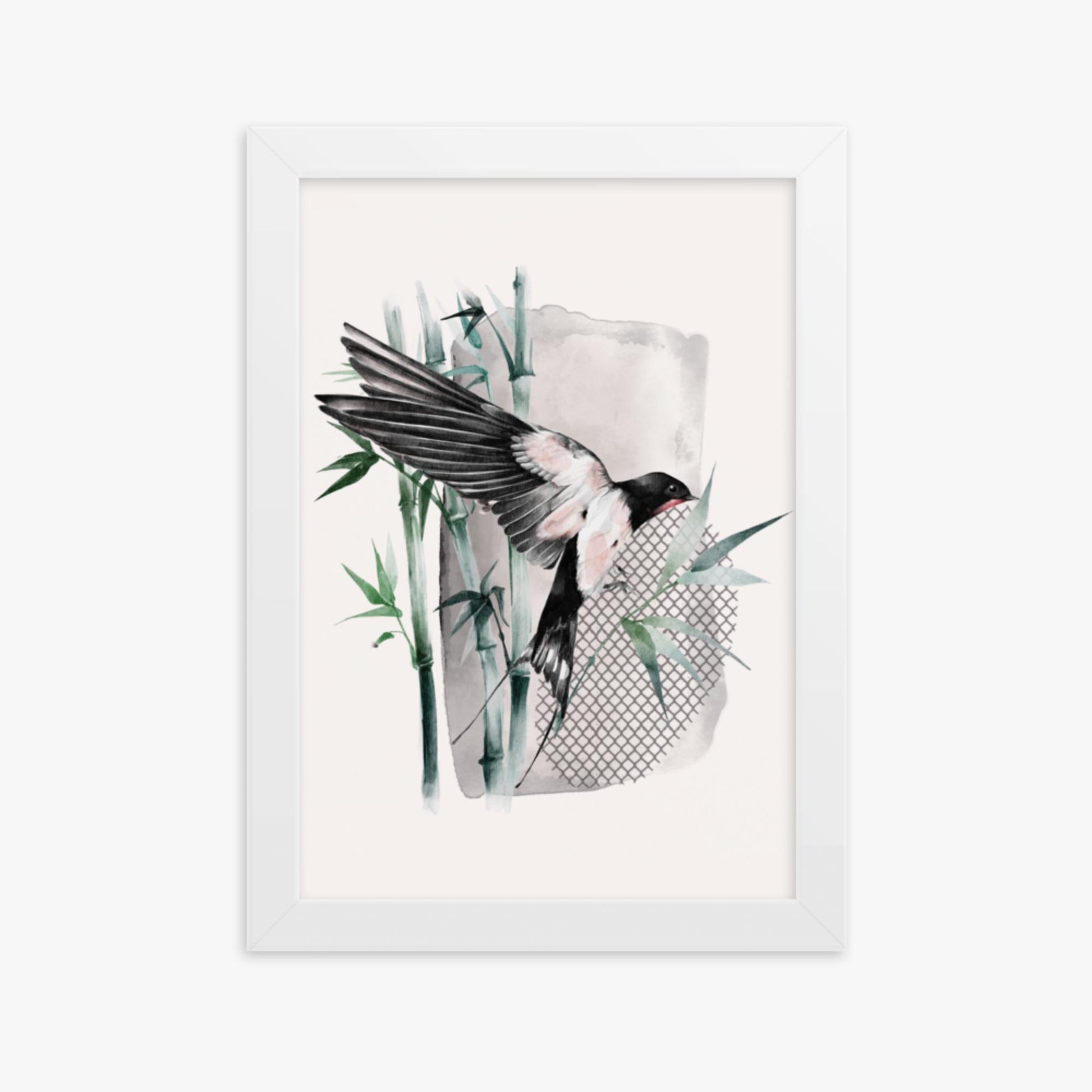 Modern illustration: Bird on Bamboo 21x30 cm Poster With White Frame Frame