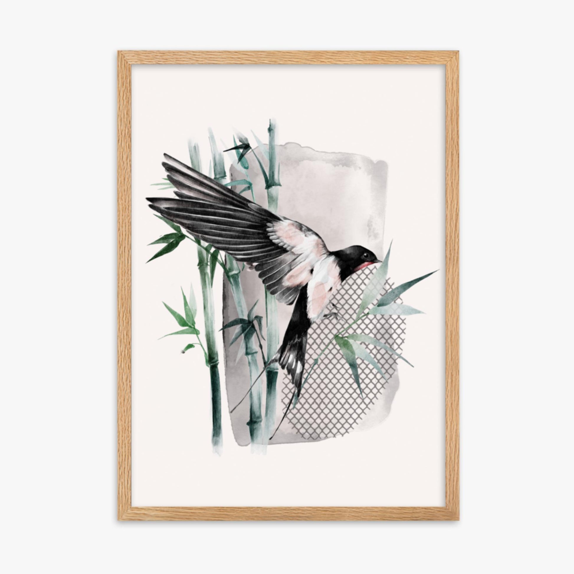 Modern illustration: Bird on Bamboo 50x70 cm Poster With Oak Frame Frame