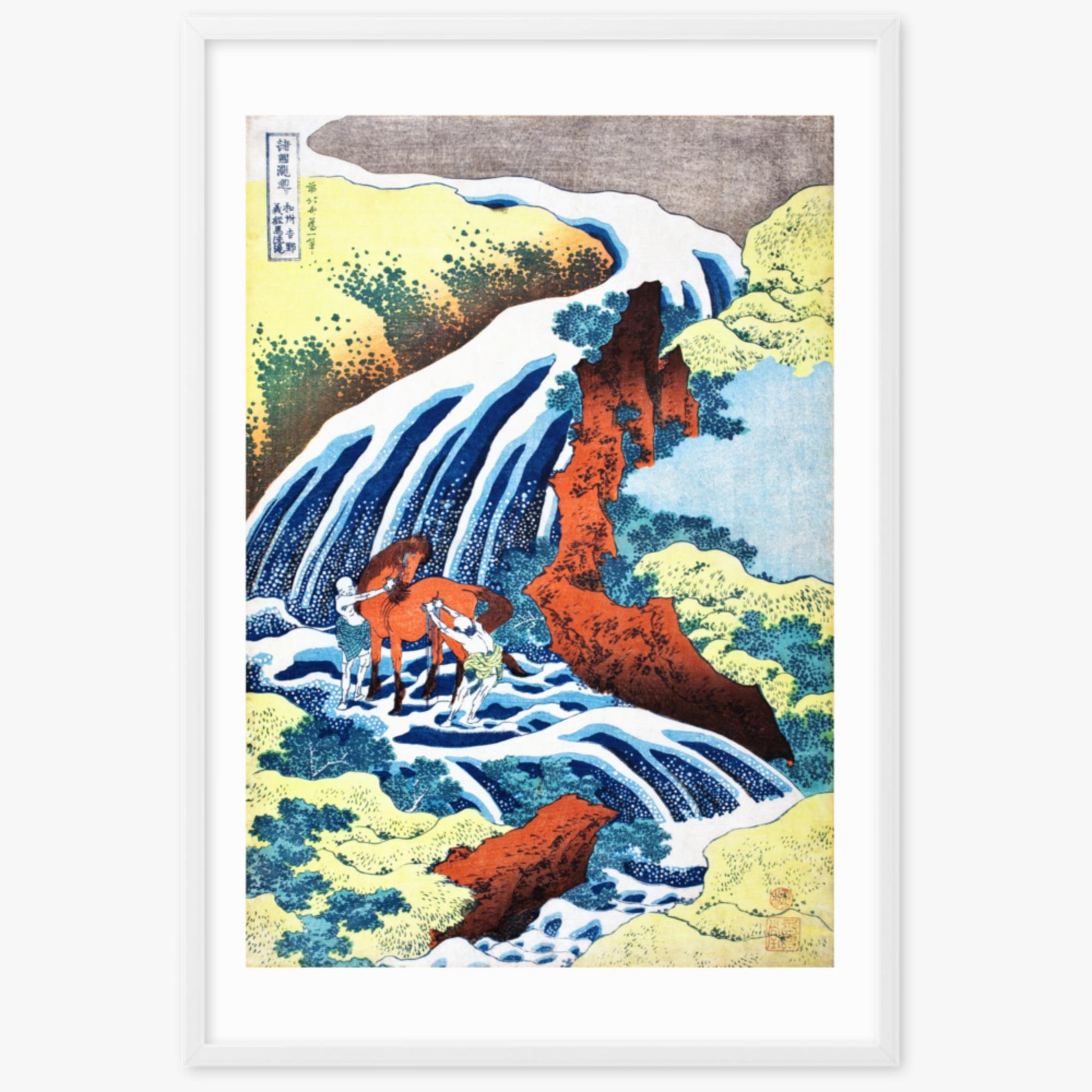 Katsushika Hokusai - The Yoshitsune Horse-Washing Falls at Yoshino, Izumi Province 61x91 cm Poster With White Frame