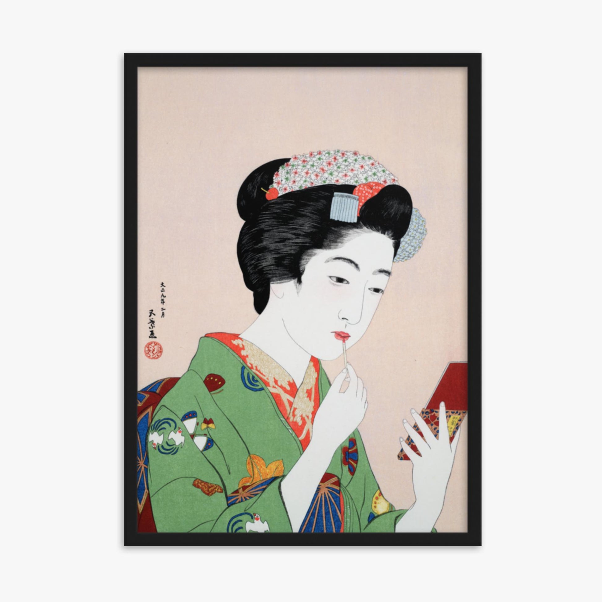 Goyō Hashiguchi - Woman Applying Rouge 50x70 cm Poster With Black Frame