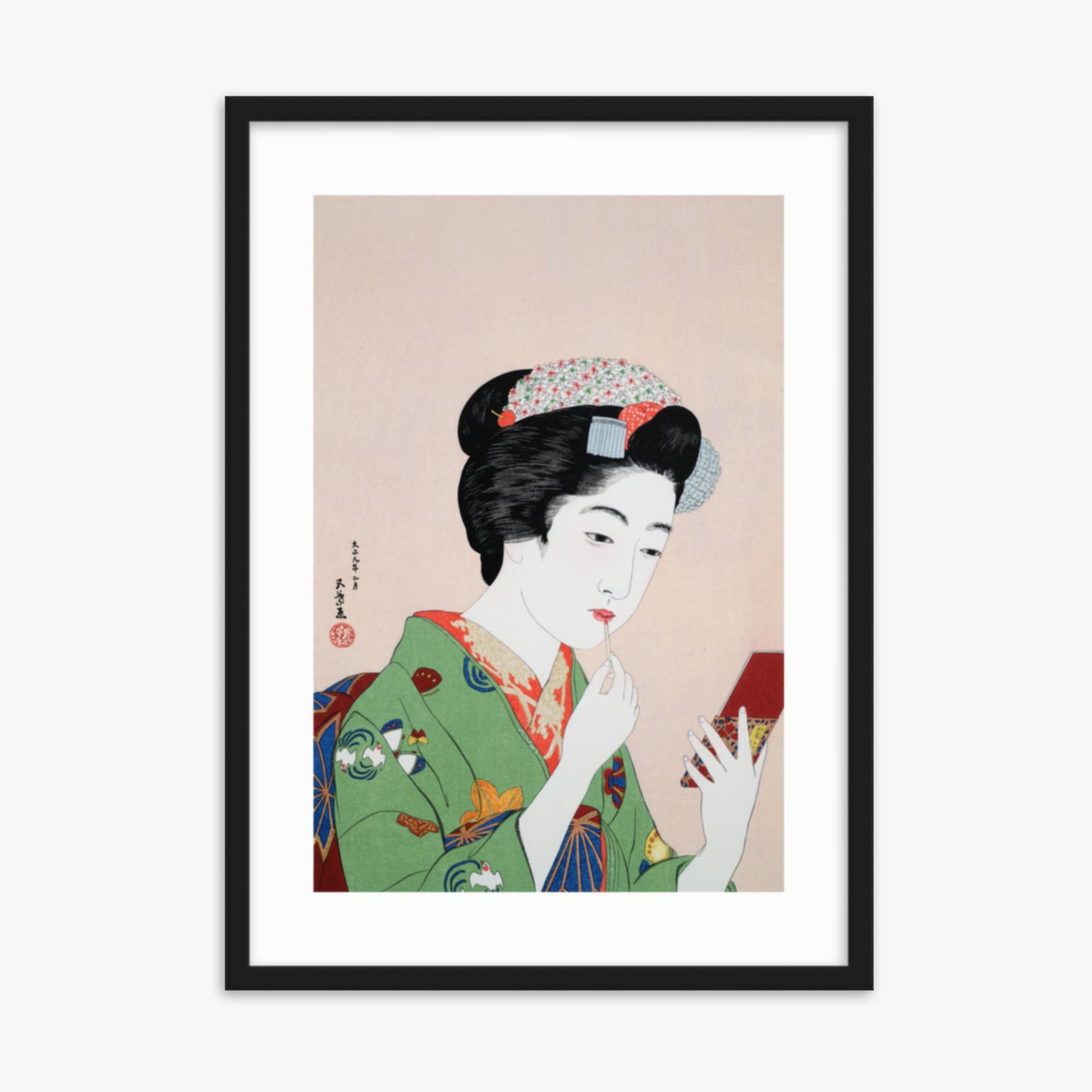 Goyō Hashiguchi - Woman Applying Rouge 50x70 cm Poster With Black Frame