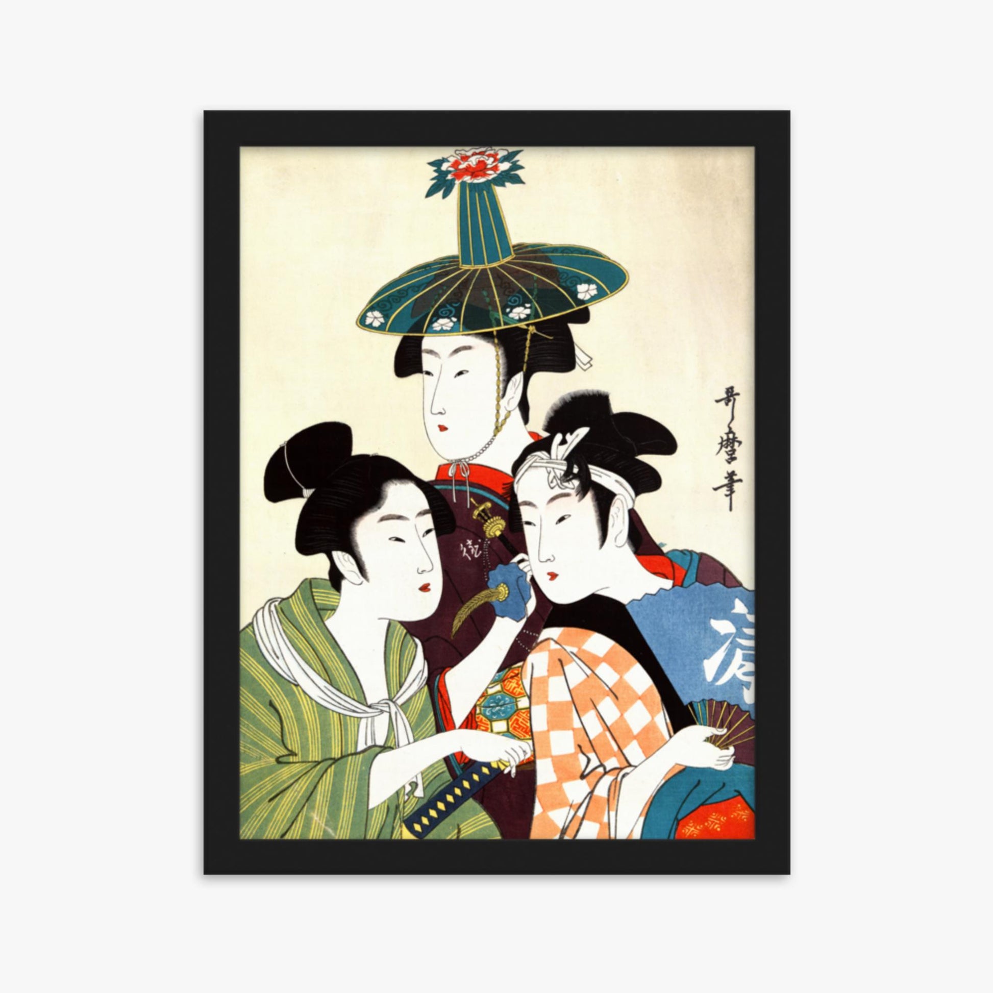 Utamaro Kitagawa - Three Young Men or Women  30x40 cm Poster With Black Frame