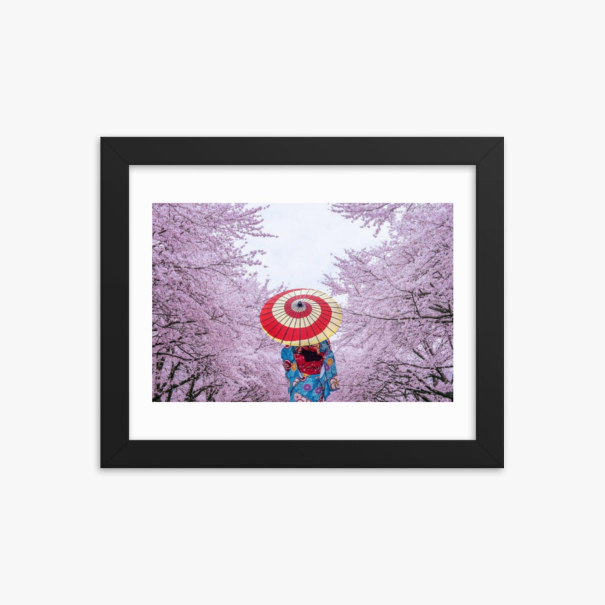 Asian woman wearing japanese traditional kimono and cherry blossom in spring 8x10 in Poster With Black Frame