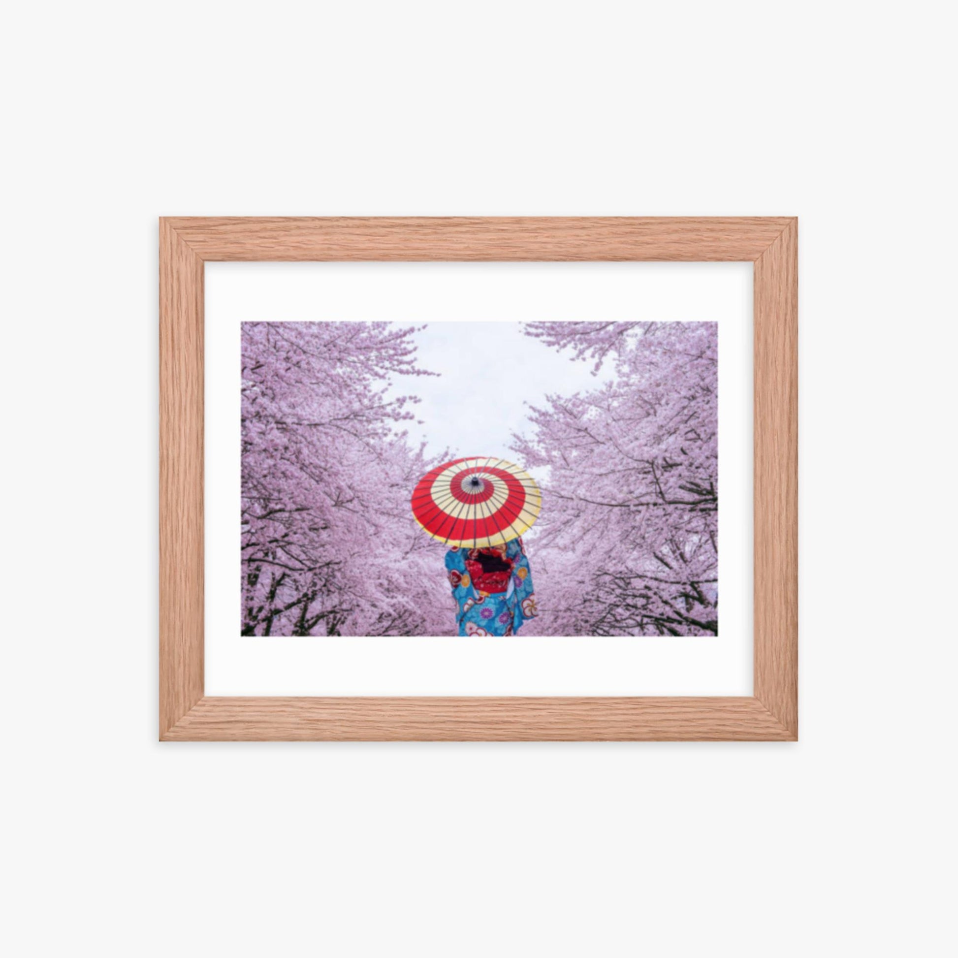 Asian woman wearing japanese traditional kimono and cherry blossom in spring 8x10 in Poster With Oak Frame