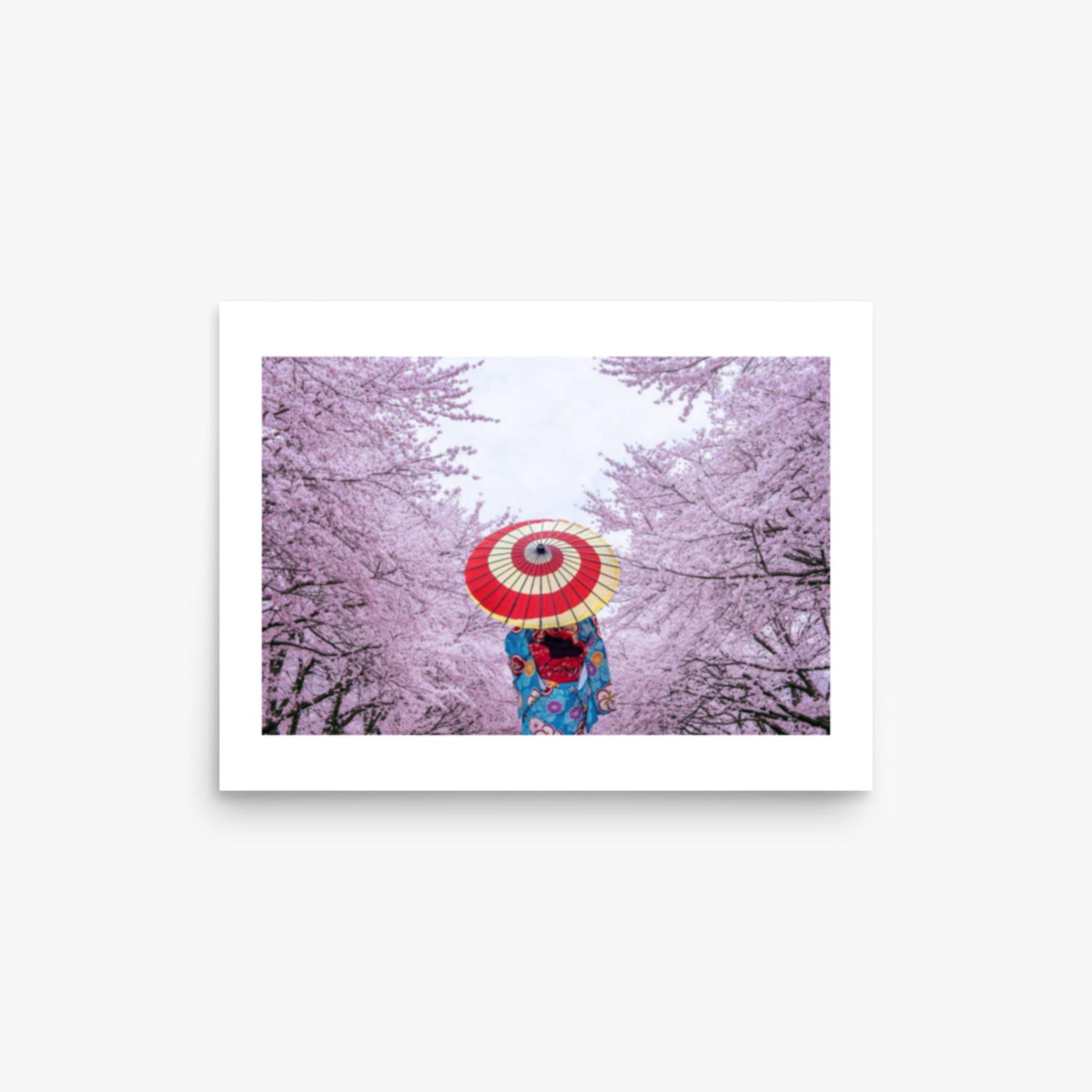 Asian woman wearing japanese traditional kimono and cherry blossom in spring 12x16 in Poster