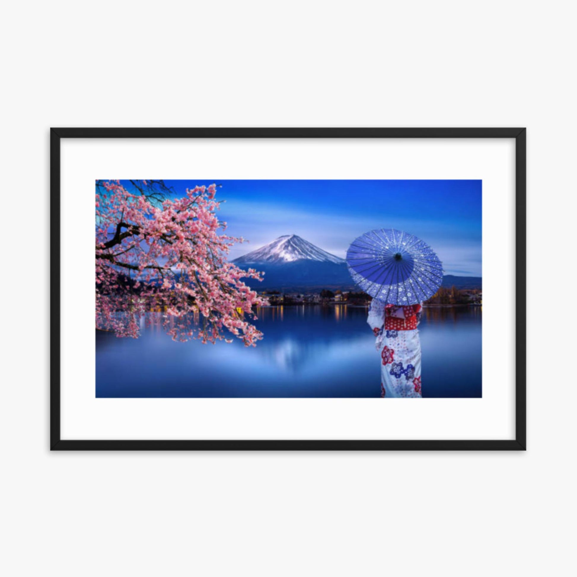 Asian woman wearing japanese traditional kimono at Fuji Mountain and cherry blossom, Kawaguchiko Lake in Japan 24x36 in Poster With Black Frame