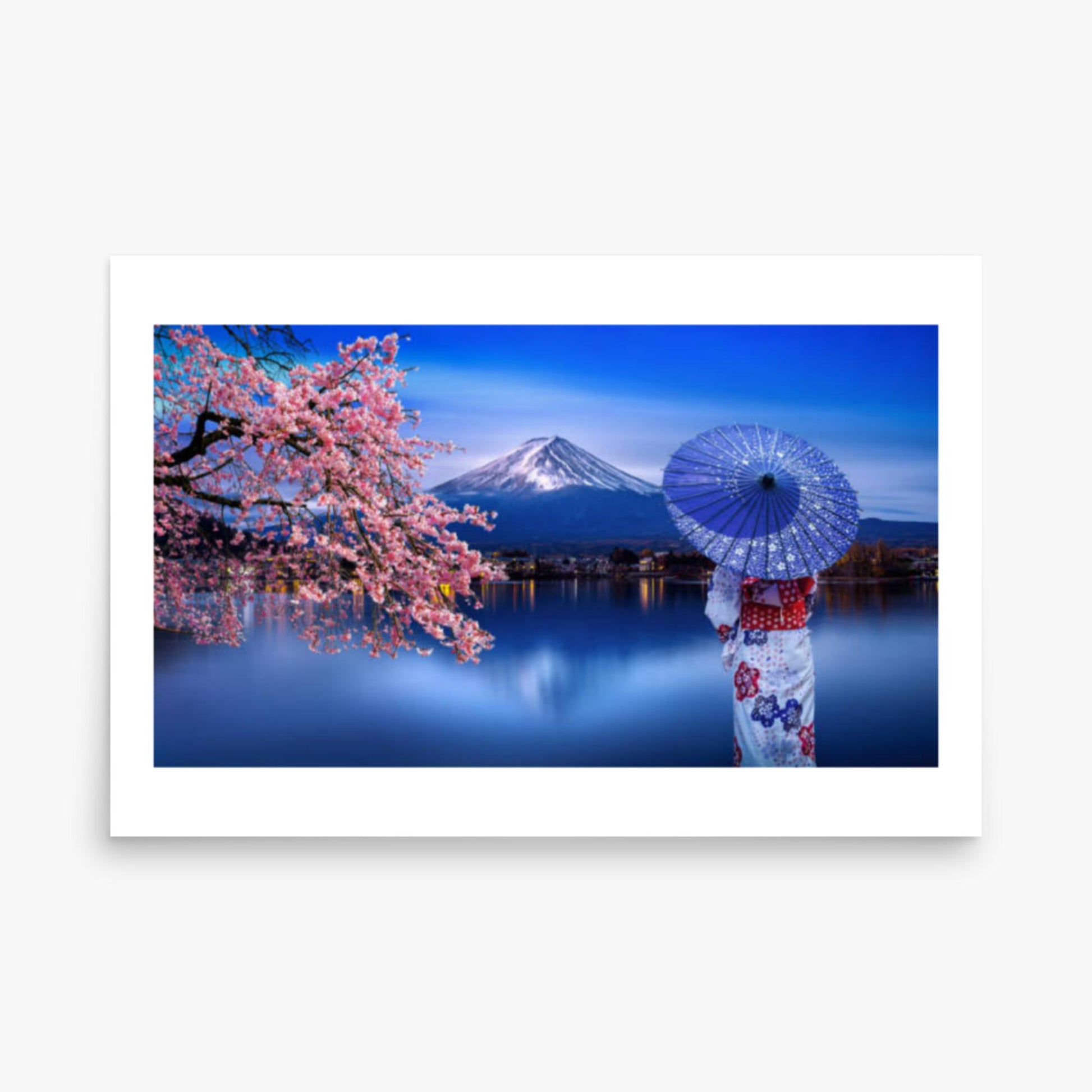 Asian woman wearing japanese traditional kimono at Fuji Mountain and cherry blossom, Kawaguchiko Lake in Japan 24x36 in Poster