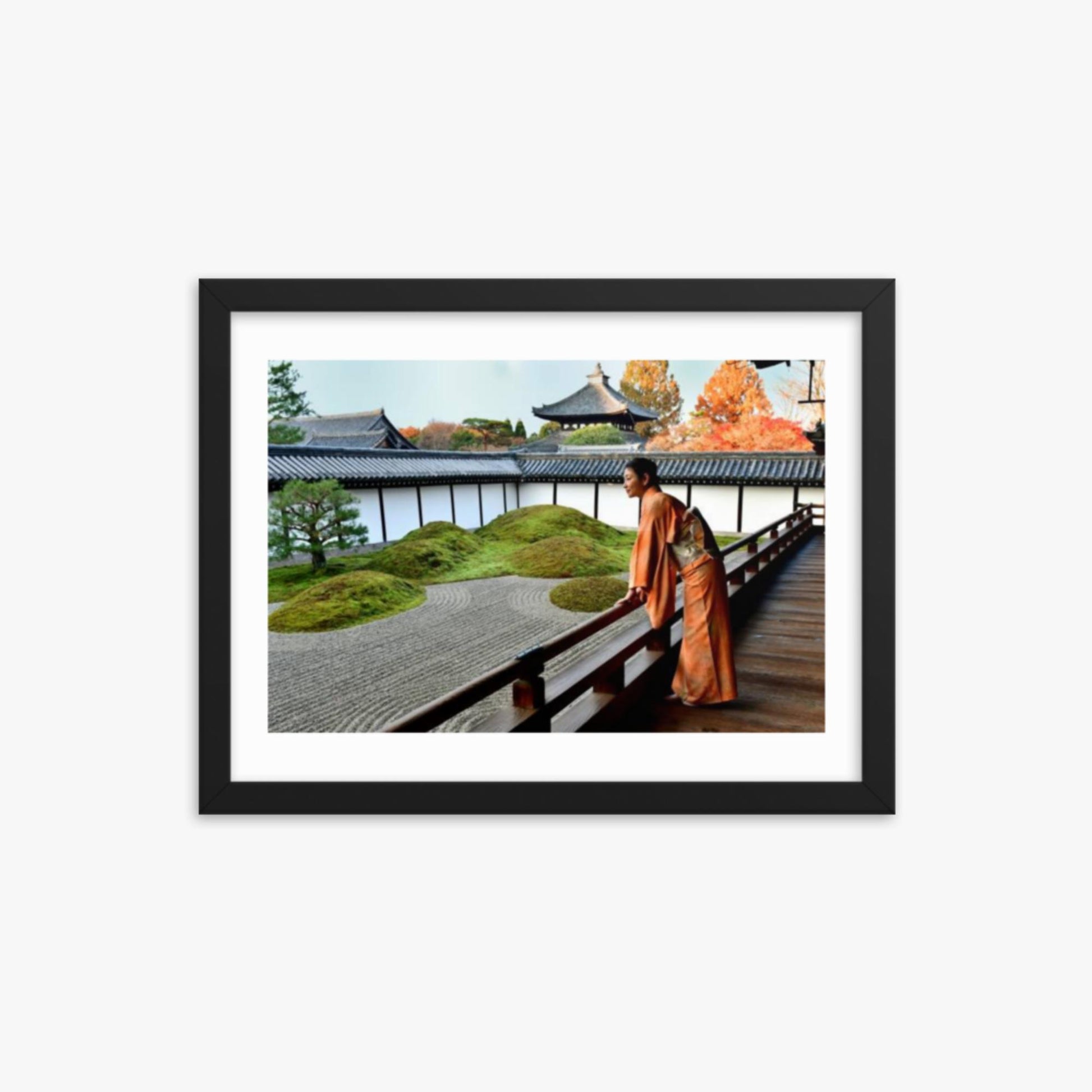 Japanese Woman in Kimono Appreciating Japanese Garden at Tofukuji, Kyoto 12x16 in Poster With Black Frame