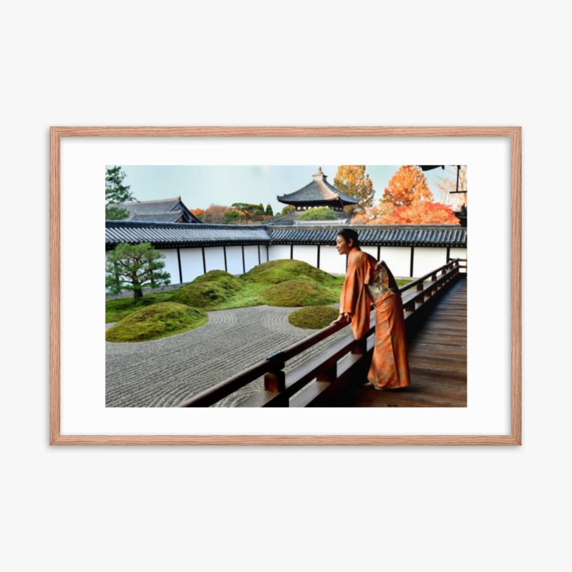 Japanese Woman in Kimono Appreciating Japanese Garden at Tofukuji, Kyoto 24x36 in Poster With Oak Frame