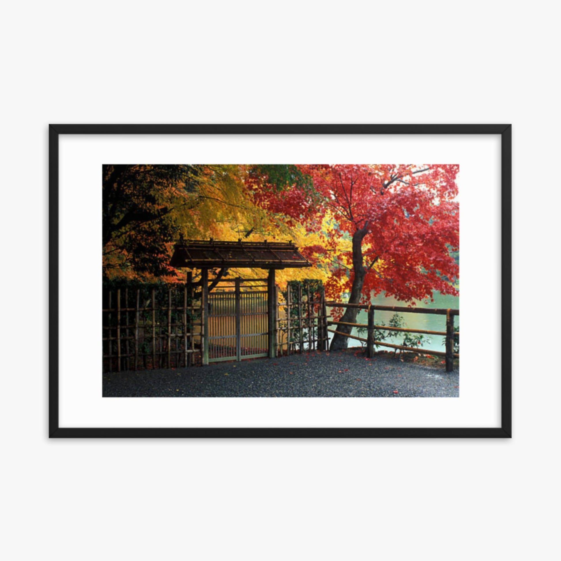 Entrace to Japanese Garden With Autumn Trees 24x36 in Poster With Black Frame