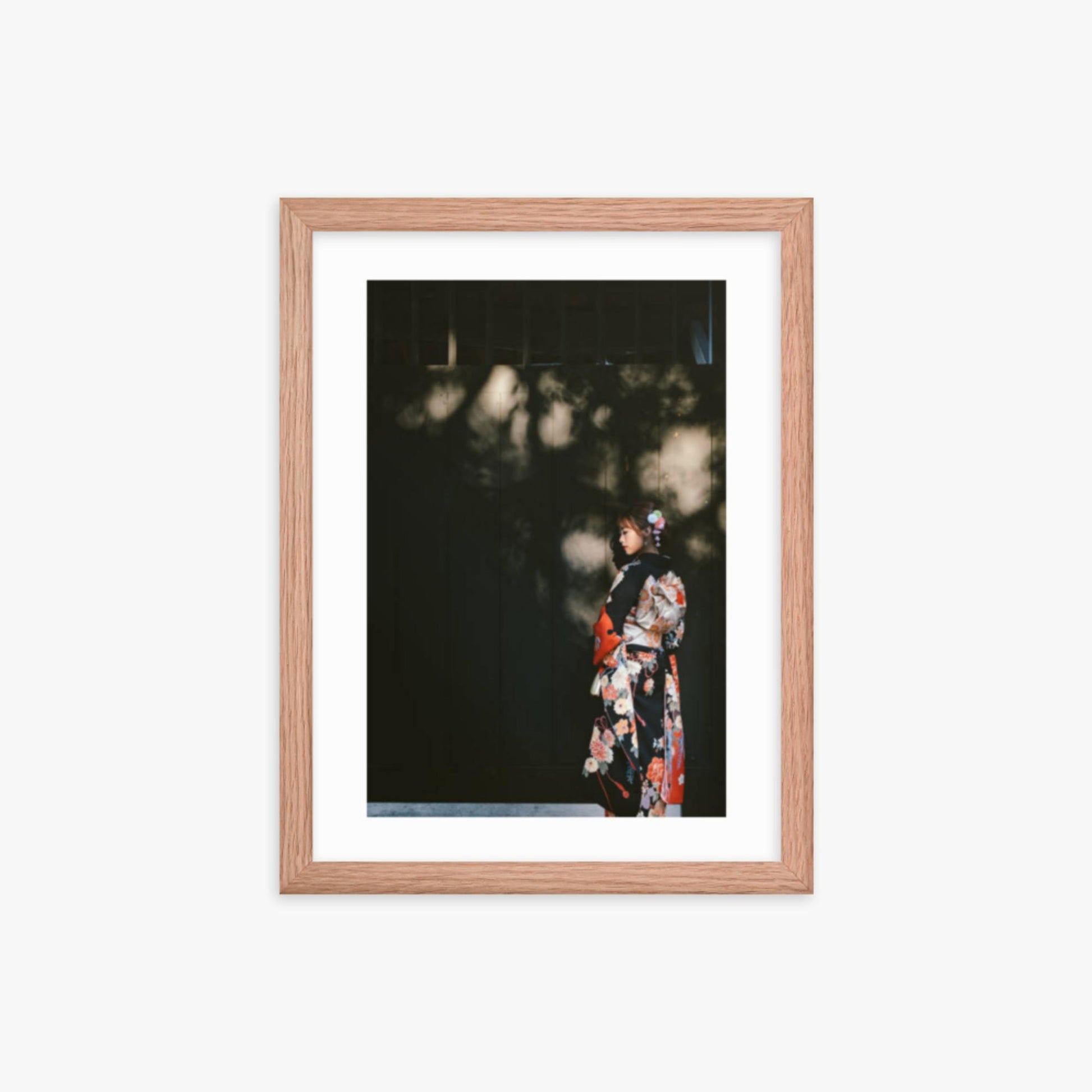 Portrait of beautiful woman in traditional Kimono walking in the street in Kyoto, Japan 12x16 in Poster With Oak Frame