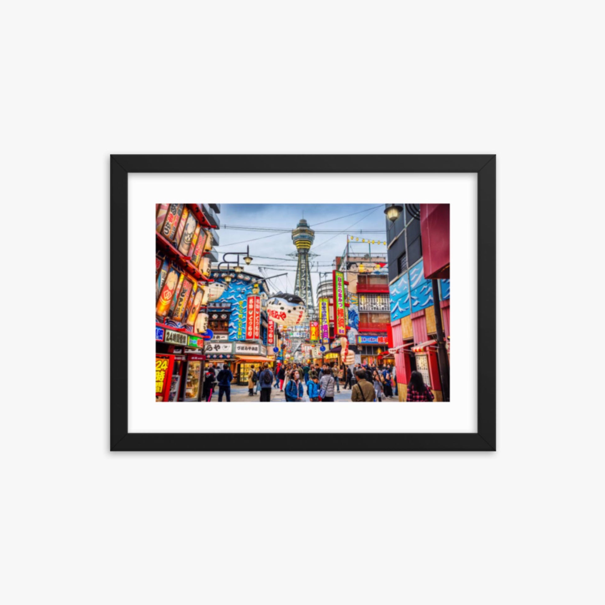 Osaka Tower and view of the neon advertisements in Shinsekai district at dusk 12x16 in Poster With Black Frame