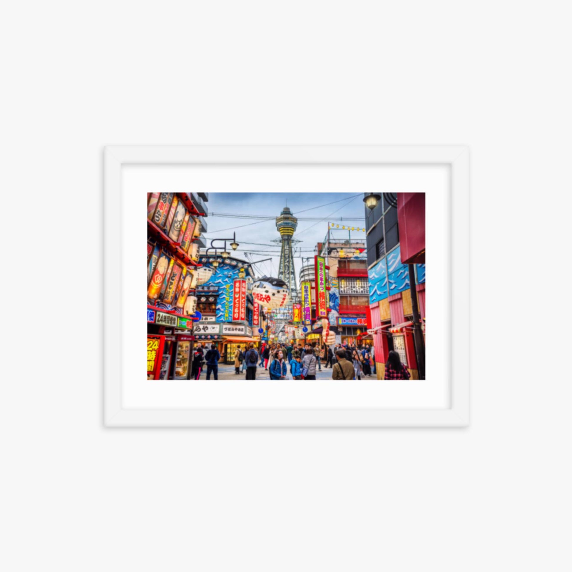 Osaka Tower and view of the neon advertisements in Shinsekai district at dusk 12x16 in Poster With White Frame