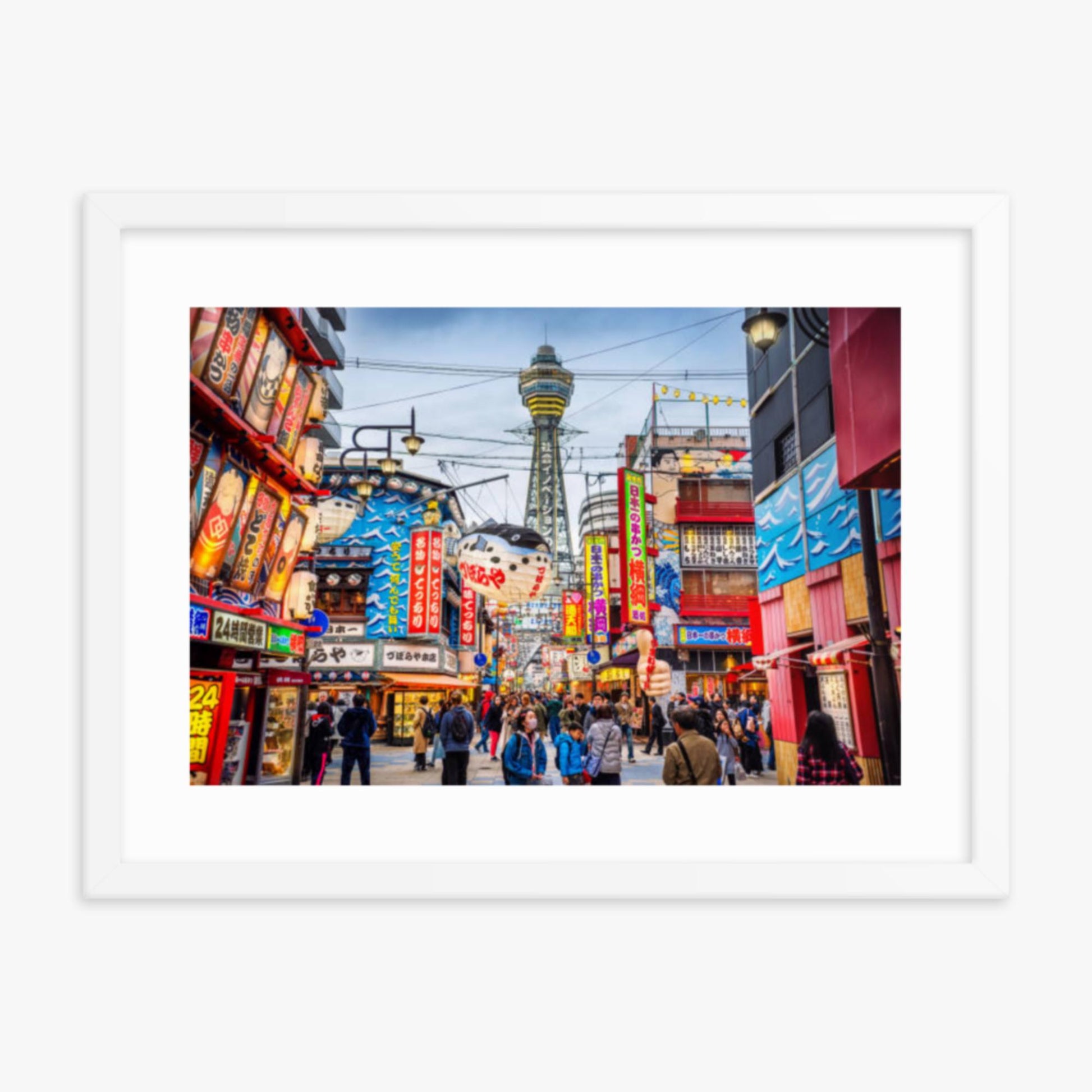 Osaka Tower and view of the neon advertisements in Shinsekai district at dusk 18x24 in Poster With White Frame