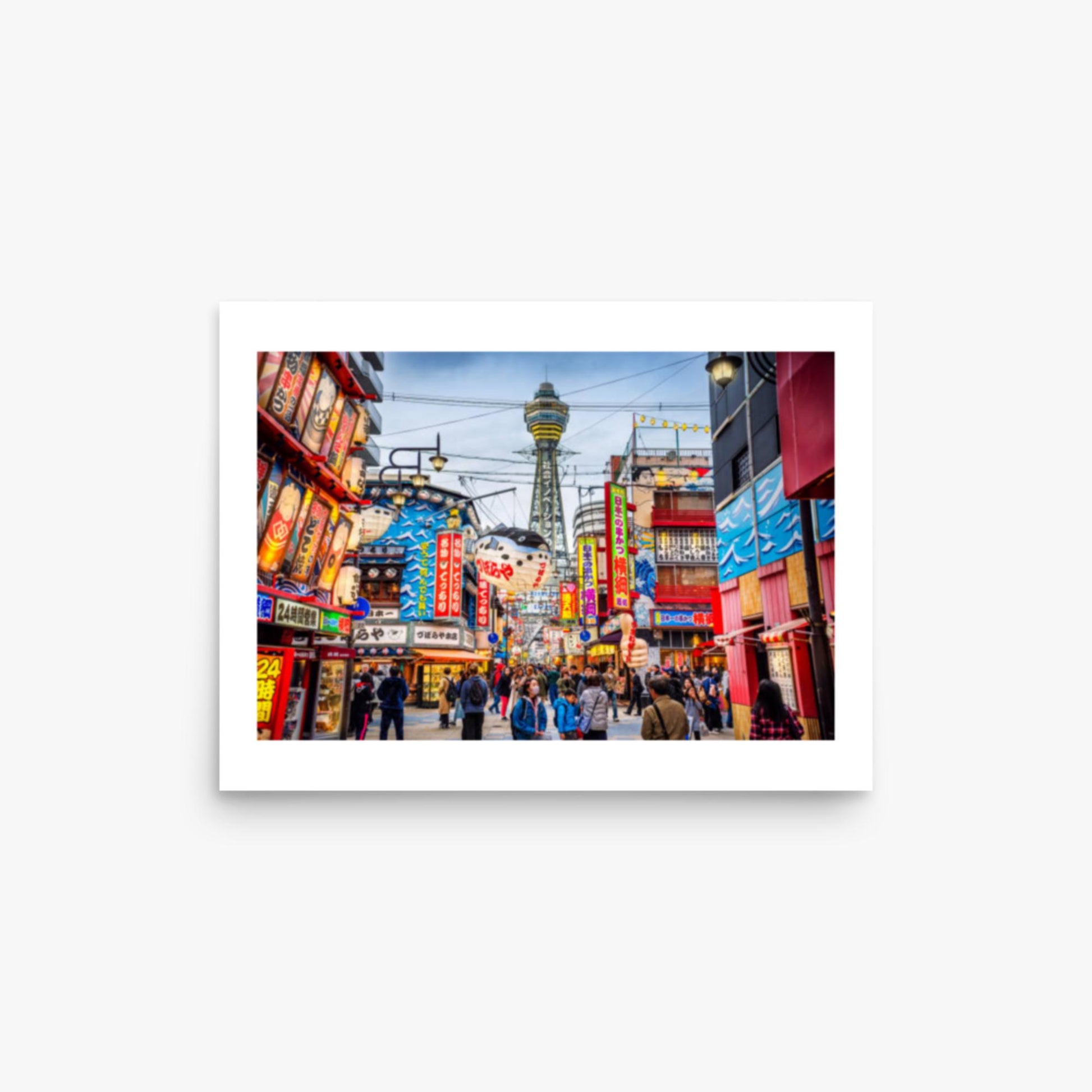 Osaka Tower and view of the neon advertisements in Shinsekai district at dusk 12x16 in Poster