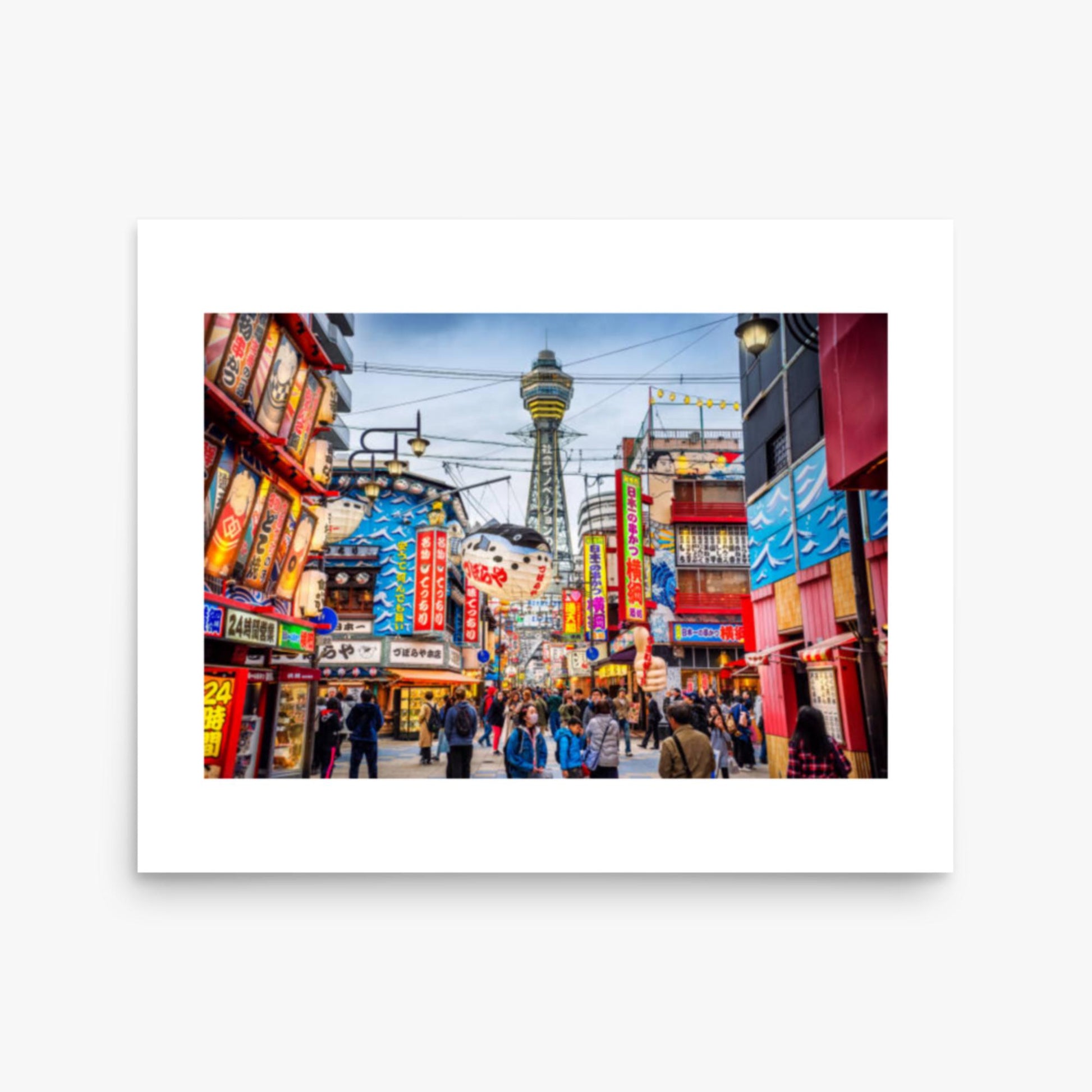 Osaka Tower and view of the neon advertisements in Shinsekai district at dusk 16x20 in Poster