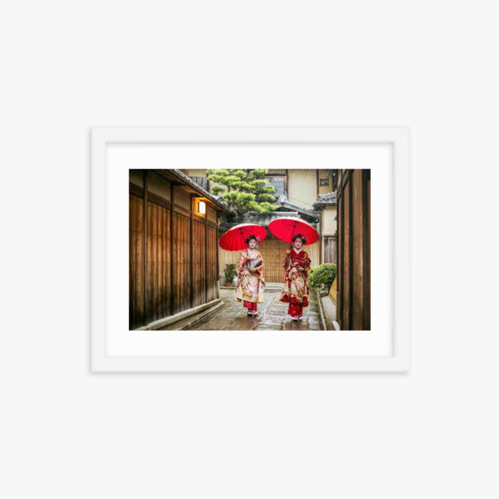 Geishas holding red umbrellas during rainy season 12x16 in Poster With White Frame