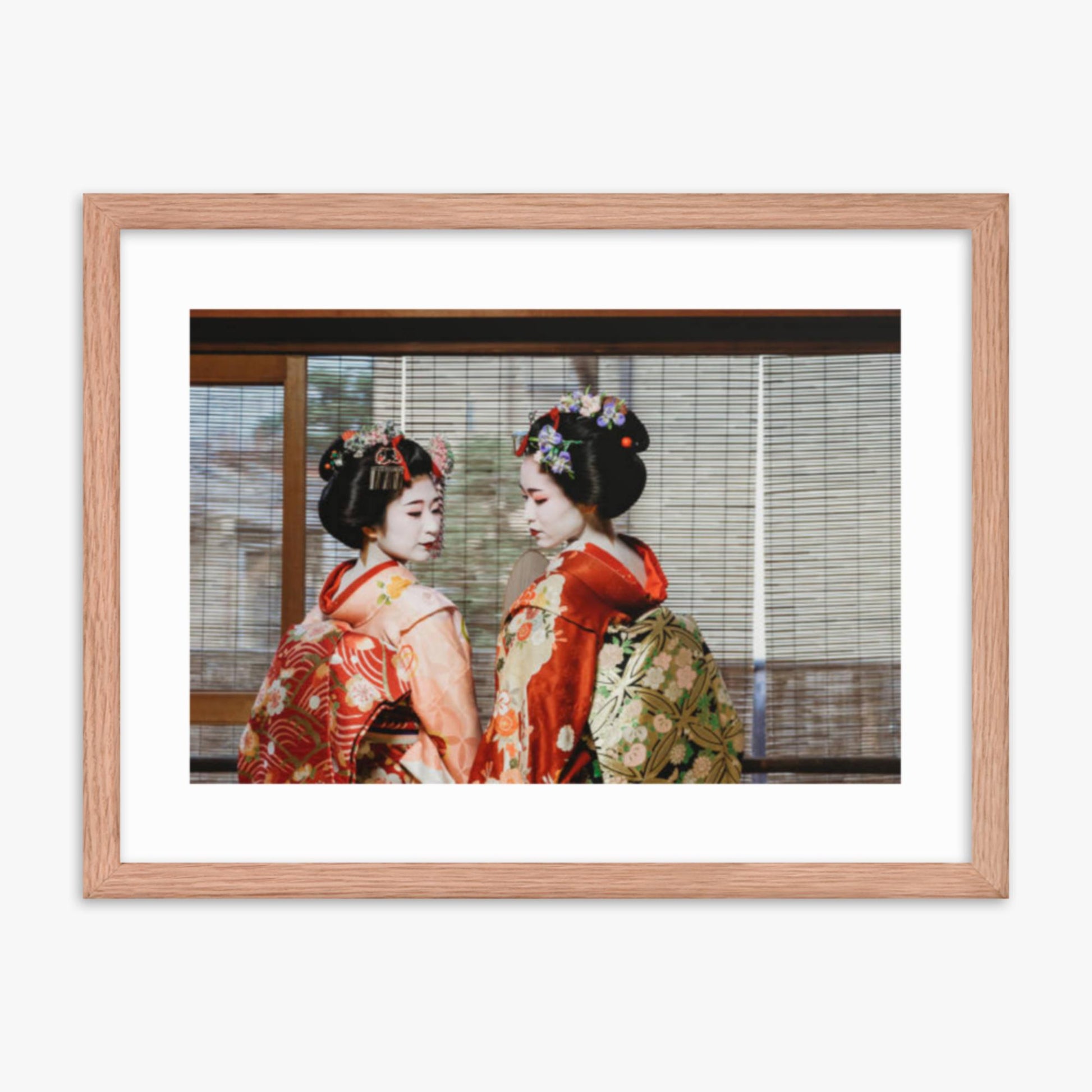 Maiko Women Together in Kyoto 18x24 in Poster With Oak Frame